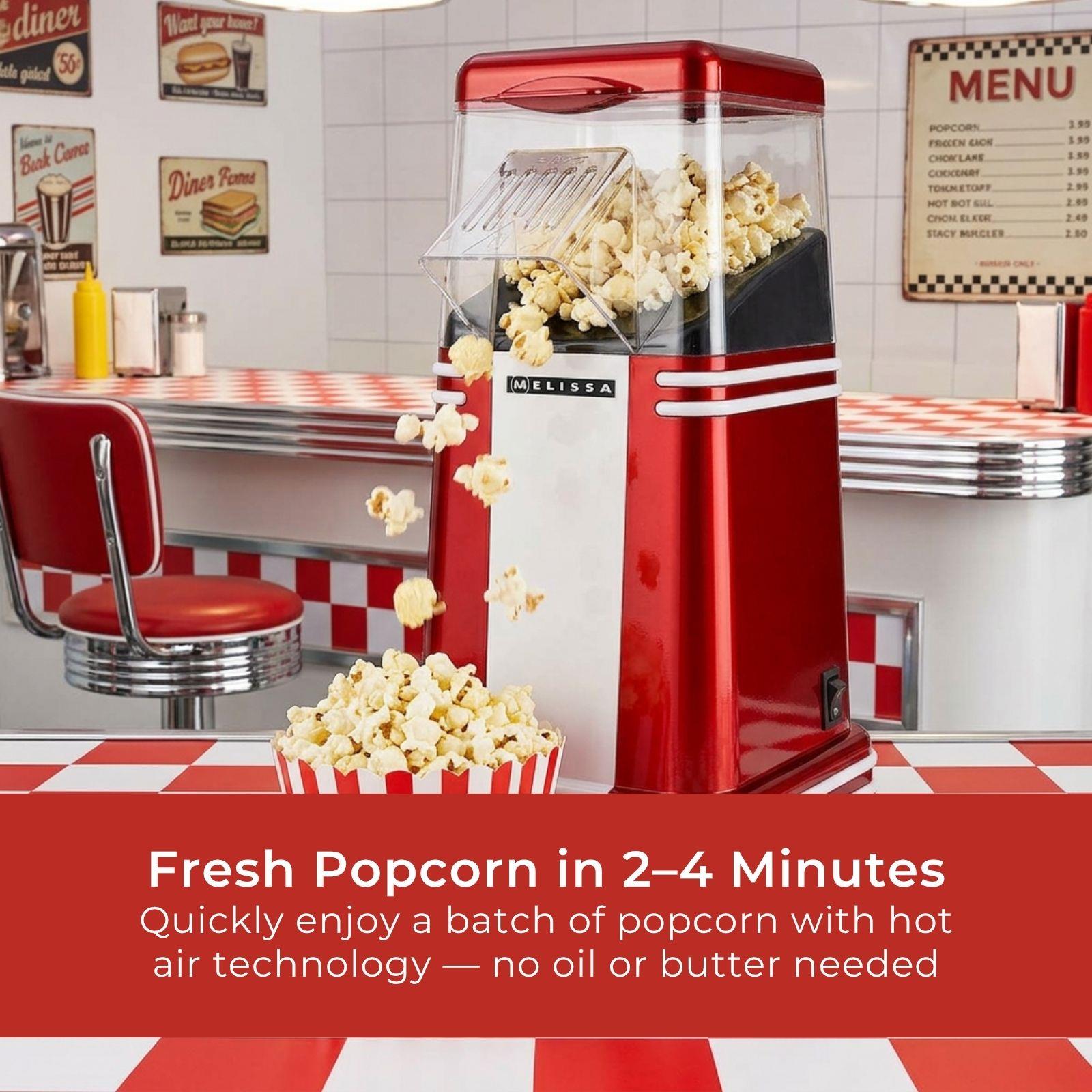 MELISSA Hot Air Popcorn Maker, Retro Table Top Machine for up to 60g of Healthy and Low Fat Popcorn, 1200W - Red/White
