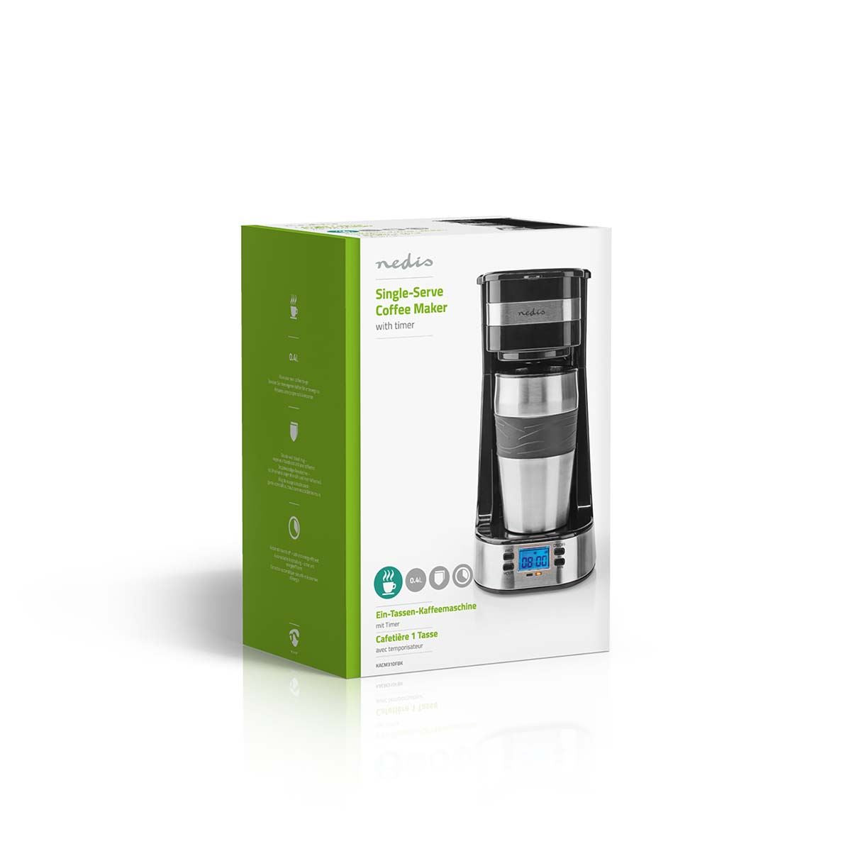 Nedis Single Serve 1 Cup Coffee Maker Digital Machine and Double Wall Insulated Travel Mug, with Timer, Stainless Steel, 420ml, Black