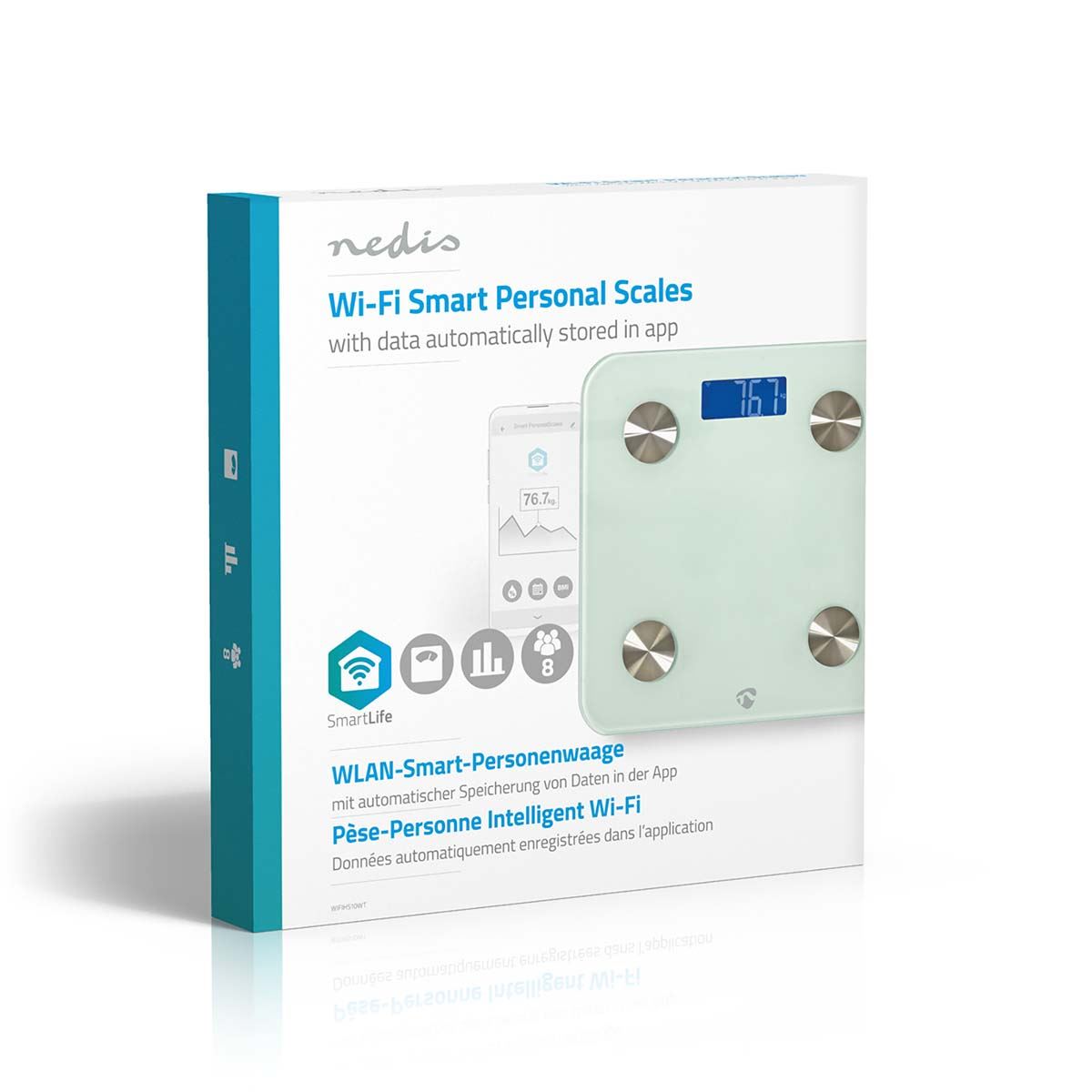 Nedis SmartLife Personal Scale | Wi-Fi | BMR / Bones / Fat / Muscles / Water / Weight | 8 | Peak load: 180 kg | Android™ / IOS | Glass | White