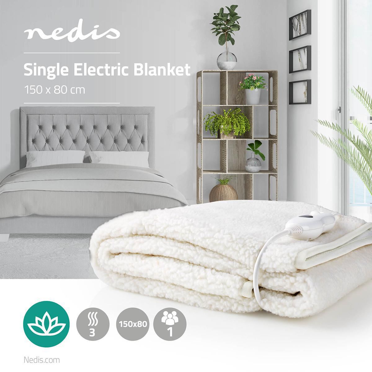 Nedis Heated Blanket, Underblanket 150 x 80cm, 1 Person, White, 3 Levels, Timer Auto-Off, Machine Washable, Soft and Full Body Warming, Sofa Bed Office Use, Warm blanket, Electric throw