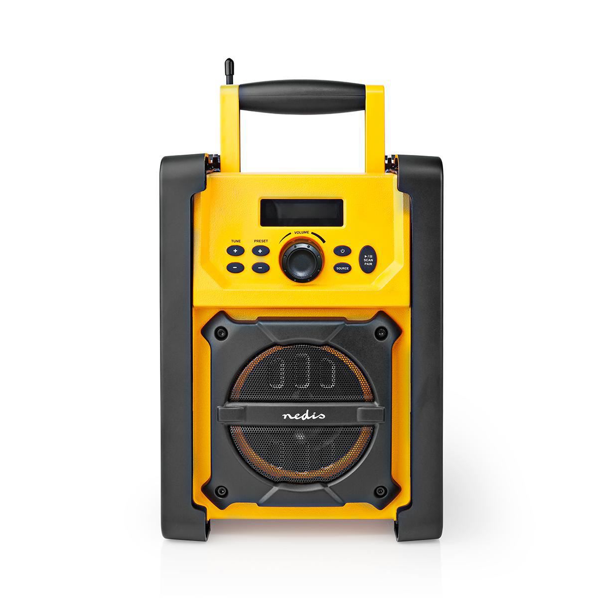 Nedis FM Radio | Jobsite Radio | FM | Battery Powered / Mains Powered | Digital | 15 W | Screen size: 2.2 " | Blue White Screen | IPX5 | Carrying handle | Black / Yellow