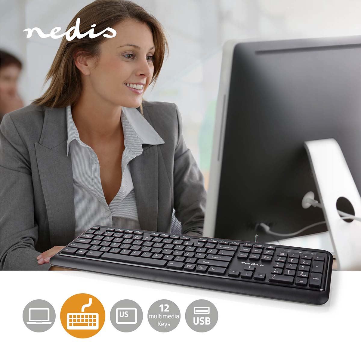 Nedis UISB Wired Keyboard | USB-A | Multimedia | QWERTY | Numeric keypad