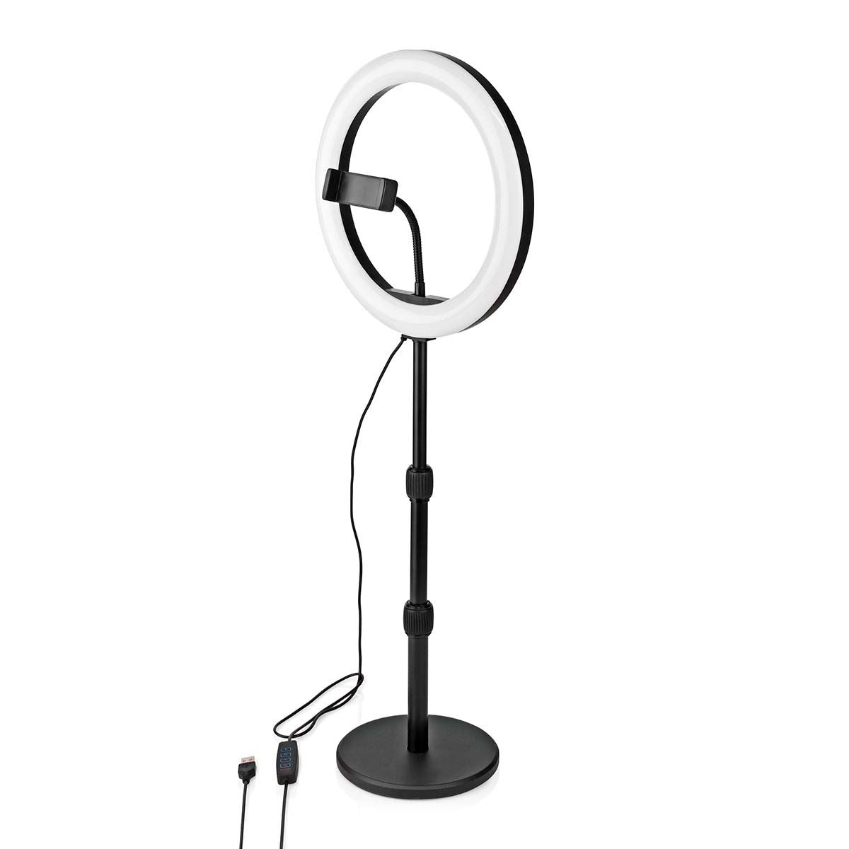 Nedis Ring Light, 10" LED Ring Lamp with 120 LEDs on Aluminium Table Stand, USB Powered, with Flexible Phone Holder, 10 Light Modes