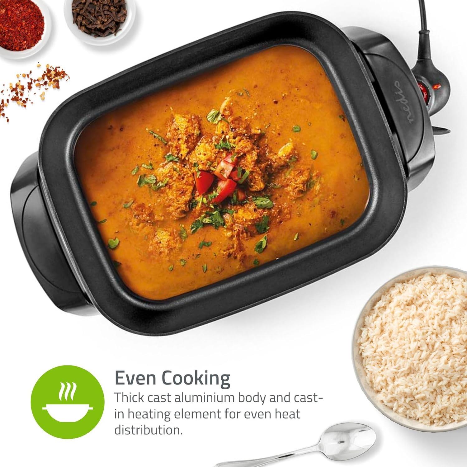 Nedis 7L Non Stick Electric Skillet Pan Cooker, 40cm XXL Multi Function with Tempered Glass Lid and Thick Cast Aluminium Body, 2200W for Frying, Baking, Stewing, Braising, Cooking - Black