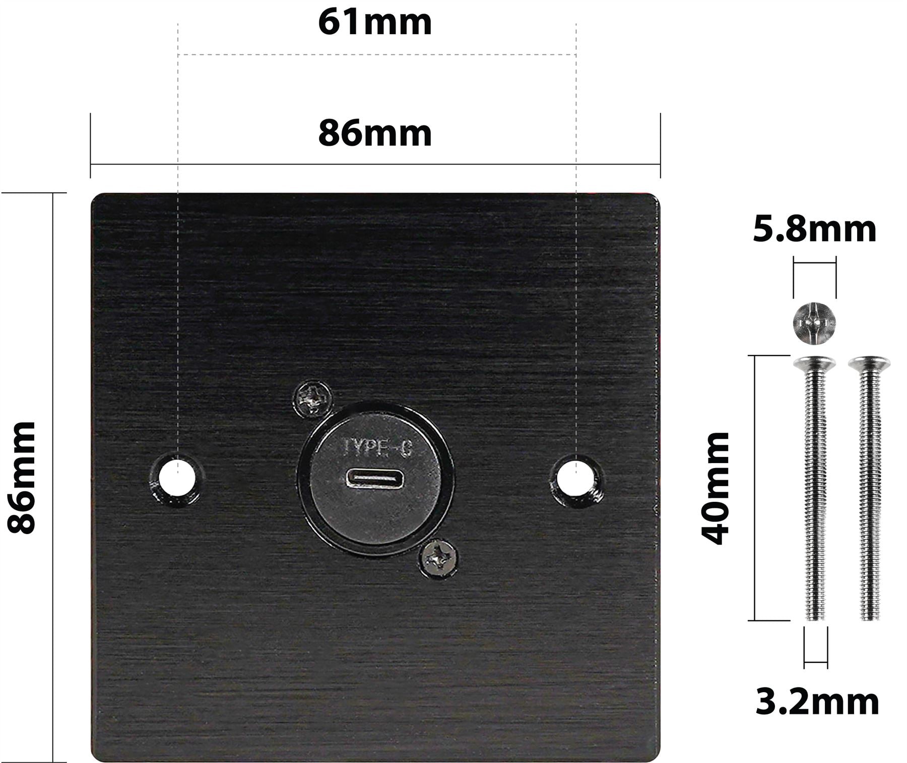 Black Wall Face Plate Electrical AV Slim Series 1 x USB C Socket Feedthrough Wall Plate Metal
