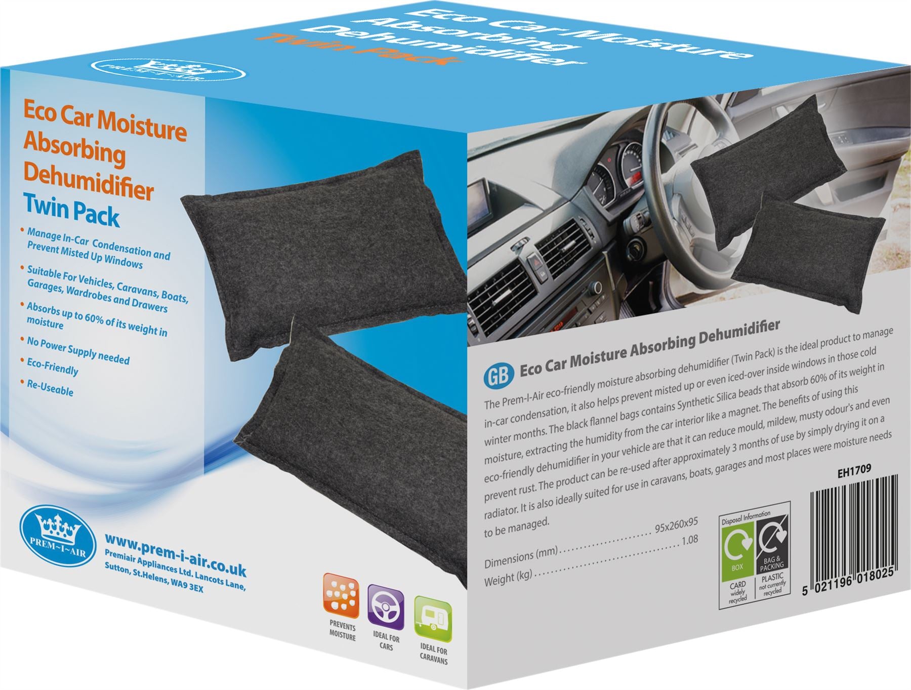2x  Prem-I-Air Car Home Caravan Reusable Eco Moisture Absorbing Dehumidifier Bag