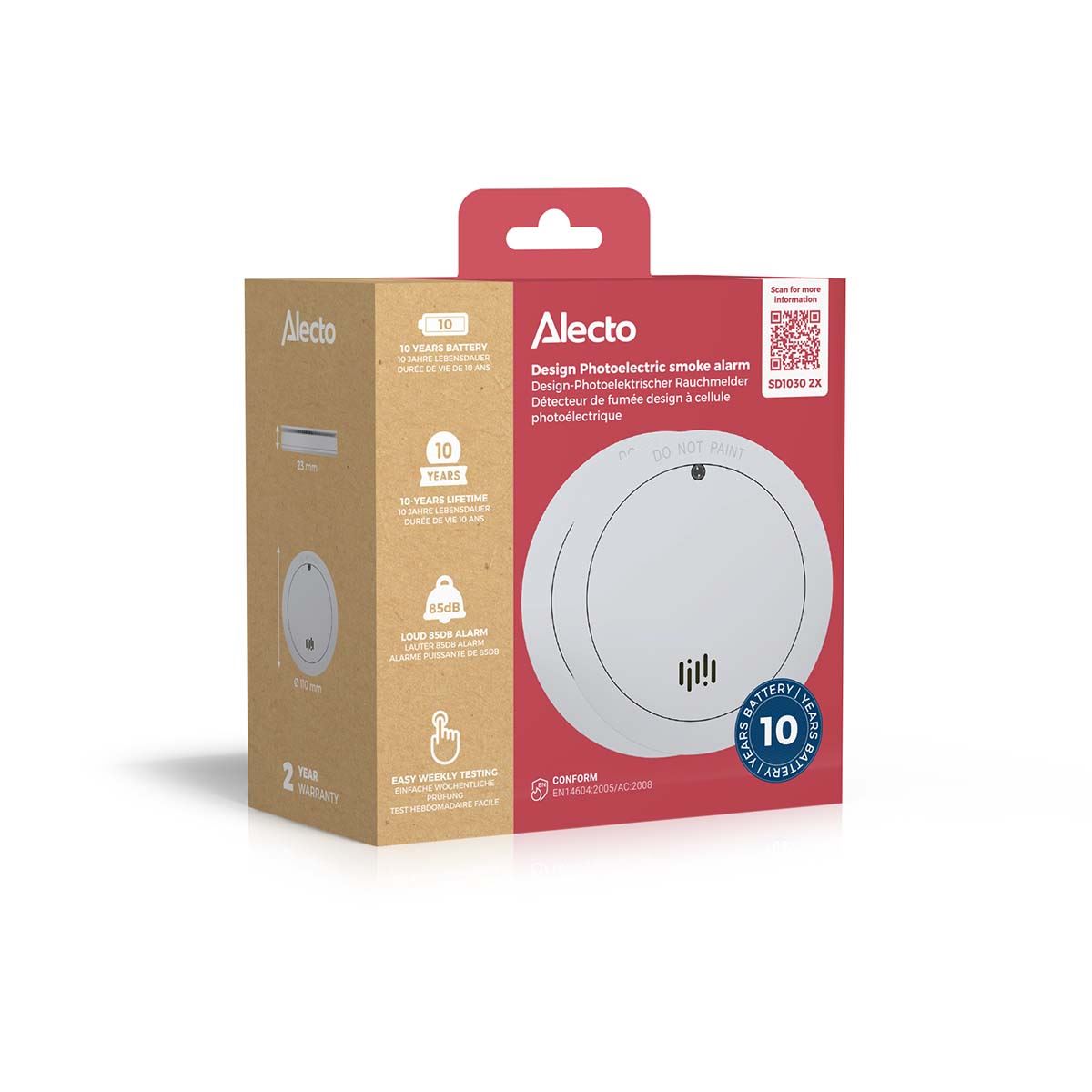 Alecto SD1030 Smoke detector with Runtime Sensor | >85 dB | 10 Year Battery Included | EN14604:2005/AC:2008 | White | 2 Pack