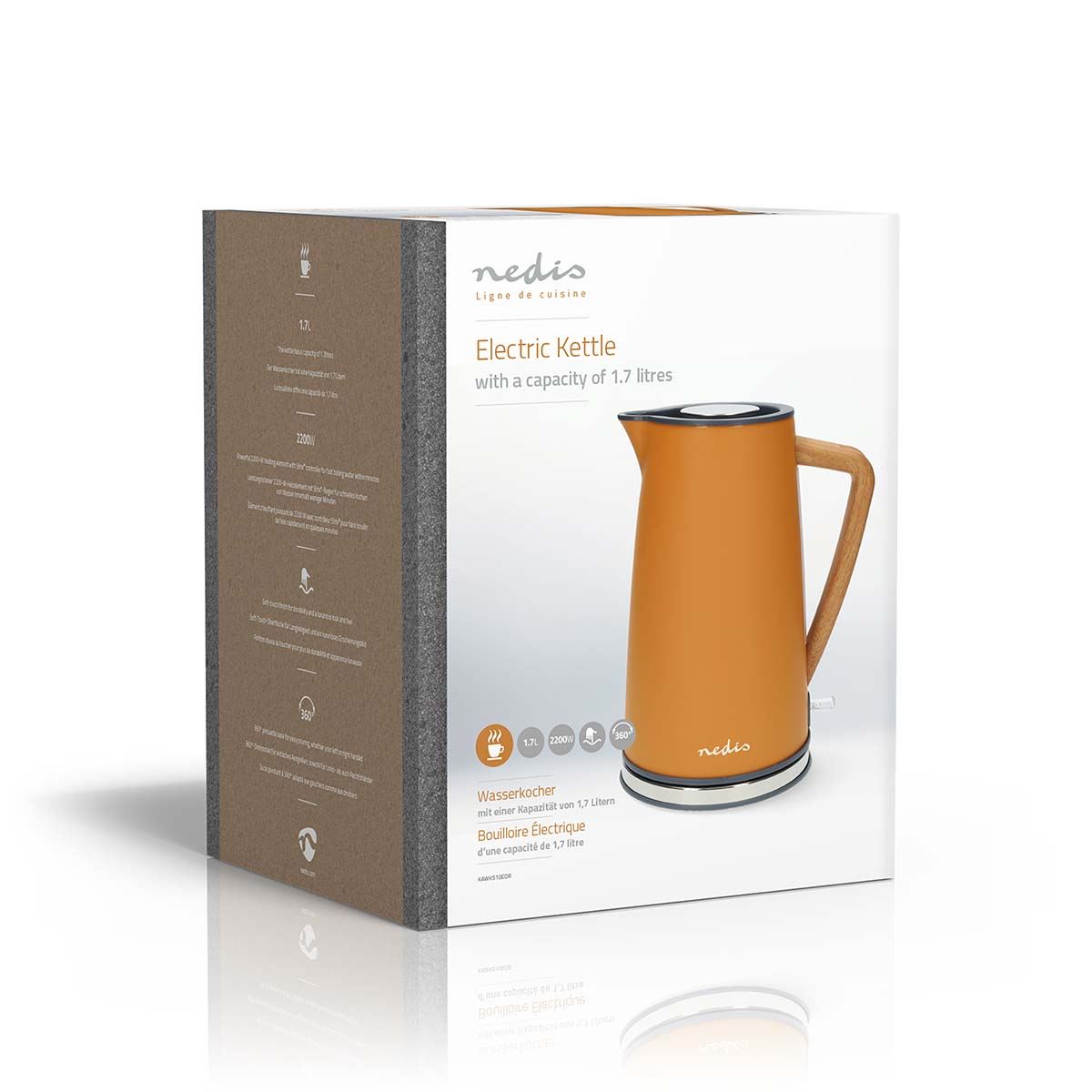 Nedis 1.7L Soft Touch Jug Kettle with Wood Effect Handle, Overheat Protection, Removeable Filter, 2.2KW - Orange
