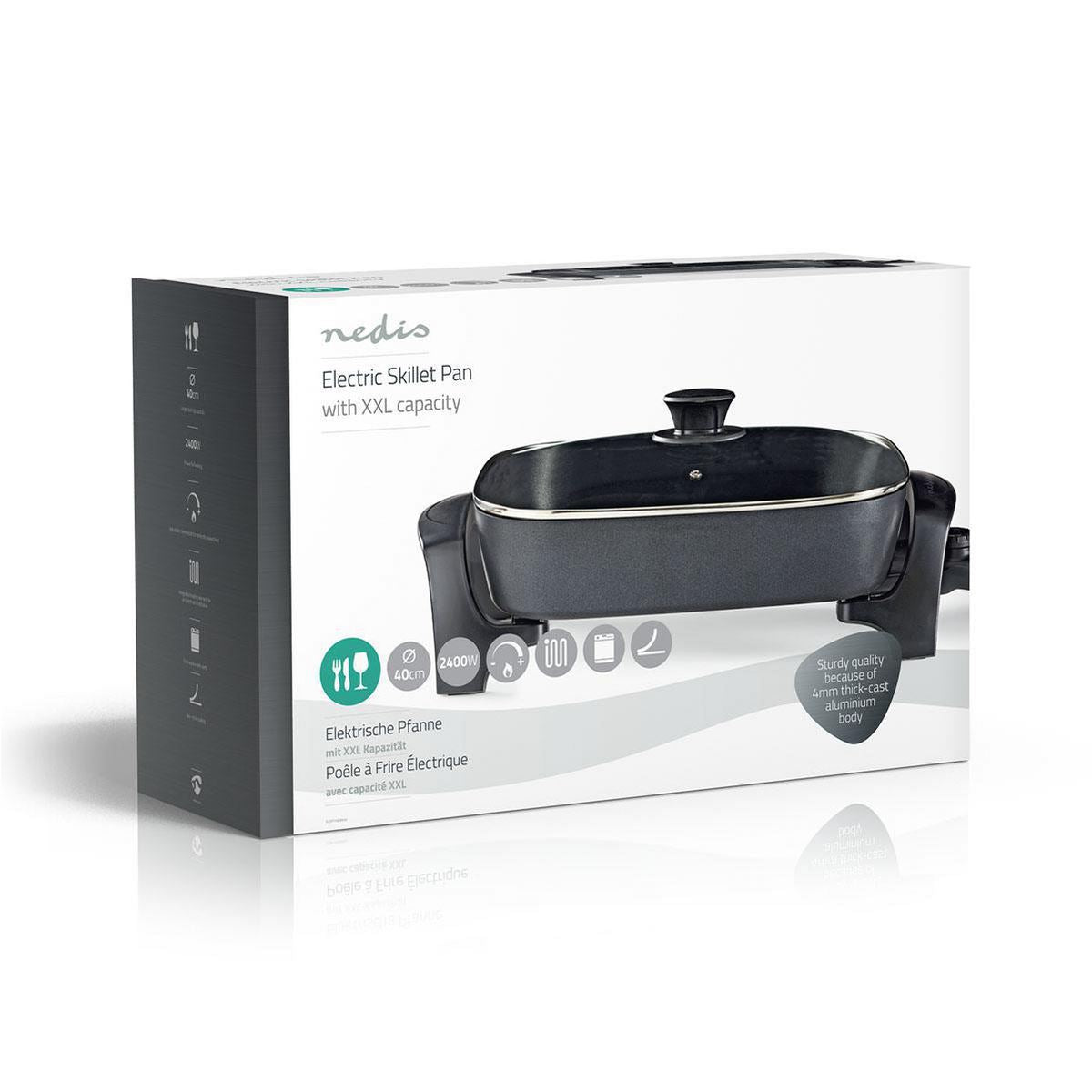 Nedis 7L Non Stick Electric Skillet Pan Cooker, 40cm XXL Multi Function with Tempered Glass Lid and Thick Cast Aluminium Body, 2200W for Frying, Baking, Stewing, Braising, Cooking - Black