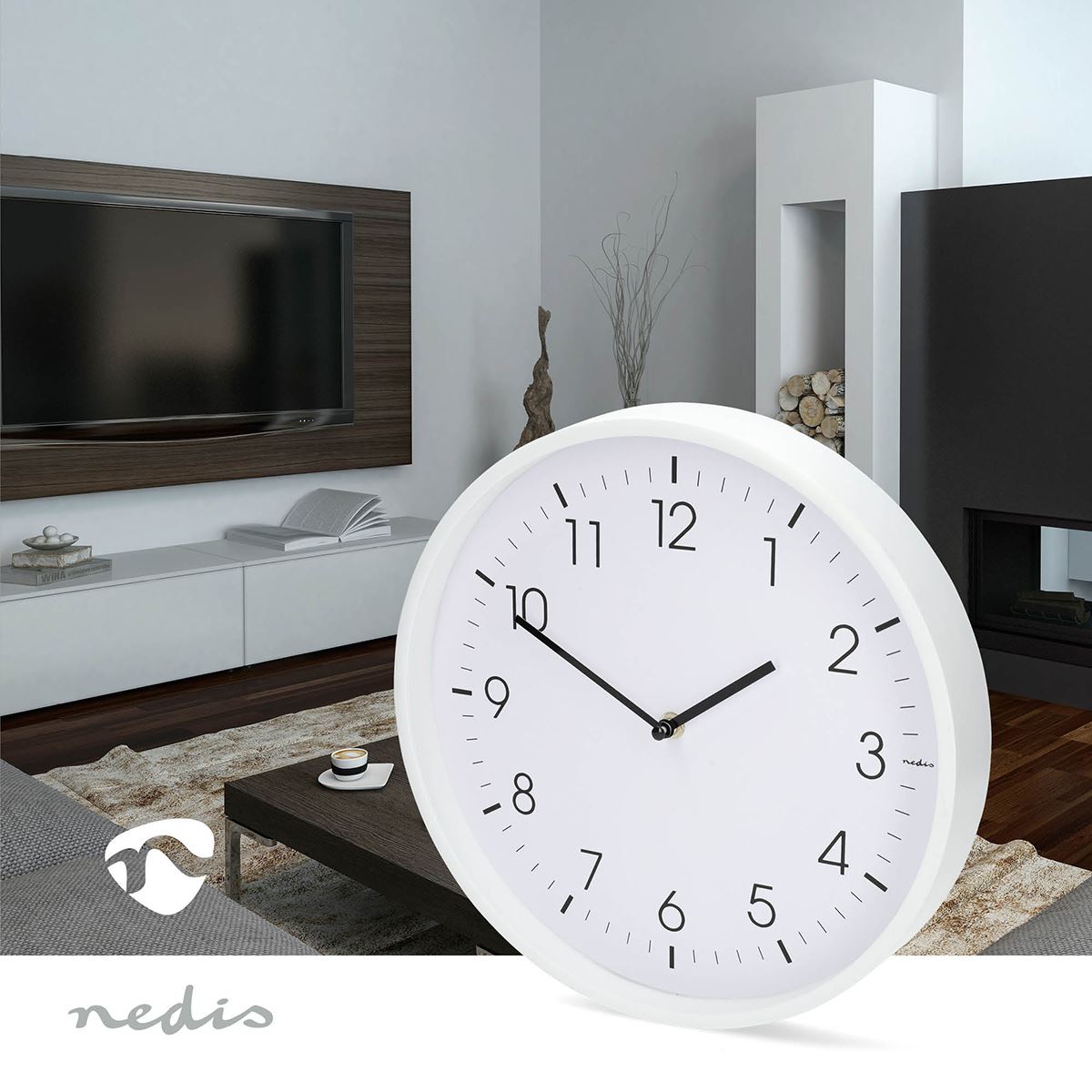 Nedis 30cm Wall Clock with Easy Read Numbers, Silent Movement, Battery Powered - White