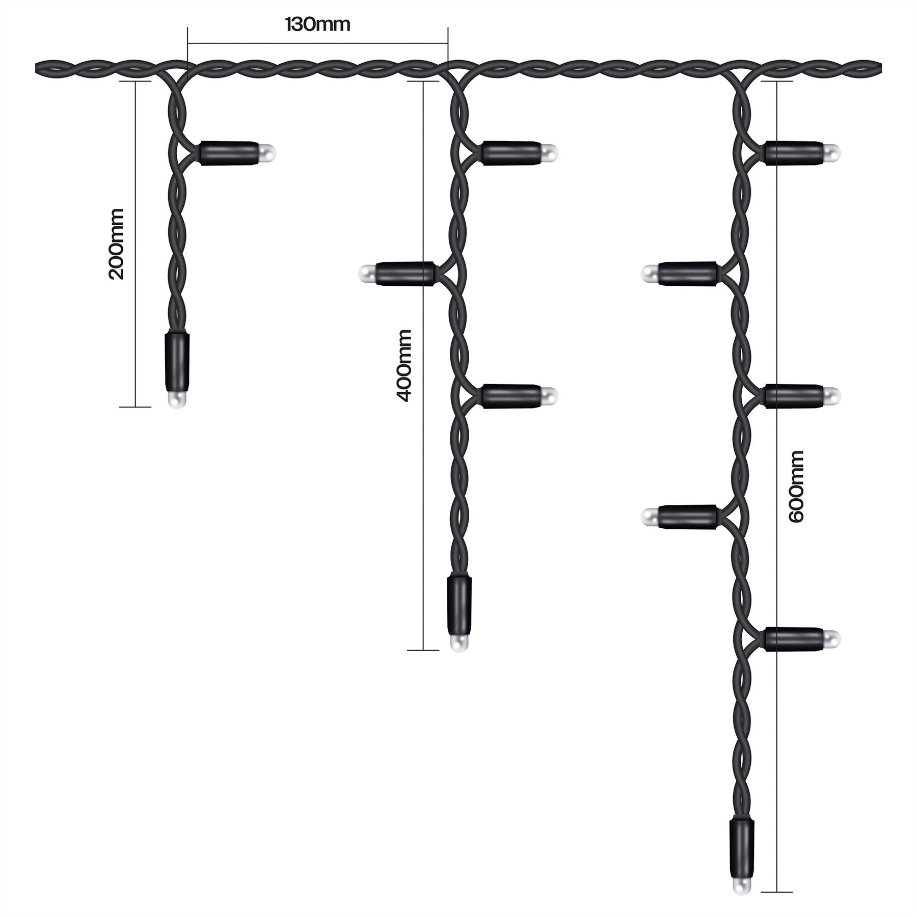 5m Easy-Connect Warm White 120 Icicle Lights Black Rubber With 60/40/20cm Drop with 10% Twinkle
