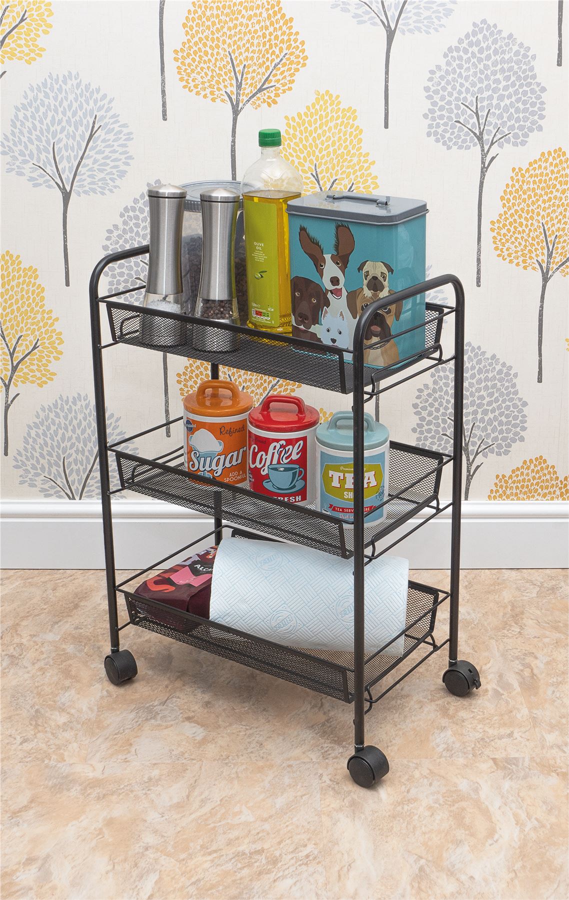 Kitchen Trolley Storage Cart Rolling Three Tiers Storage Rack Trolley on Castors - Black