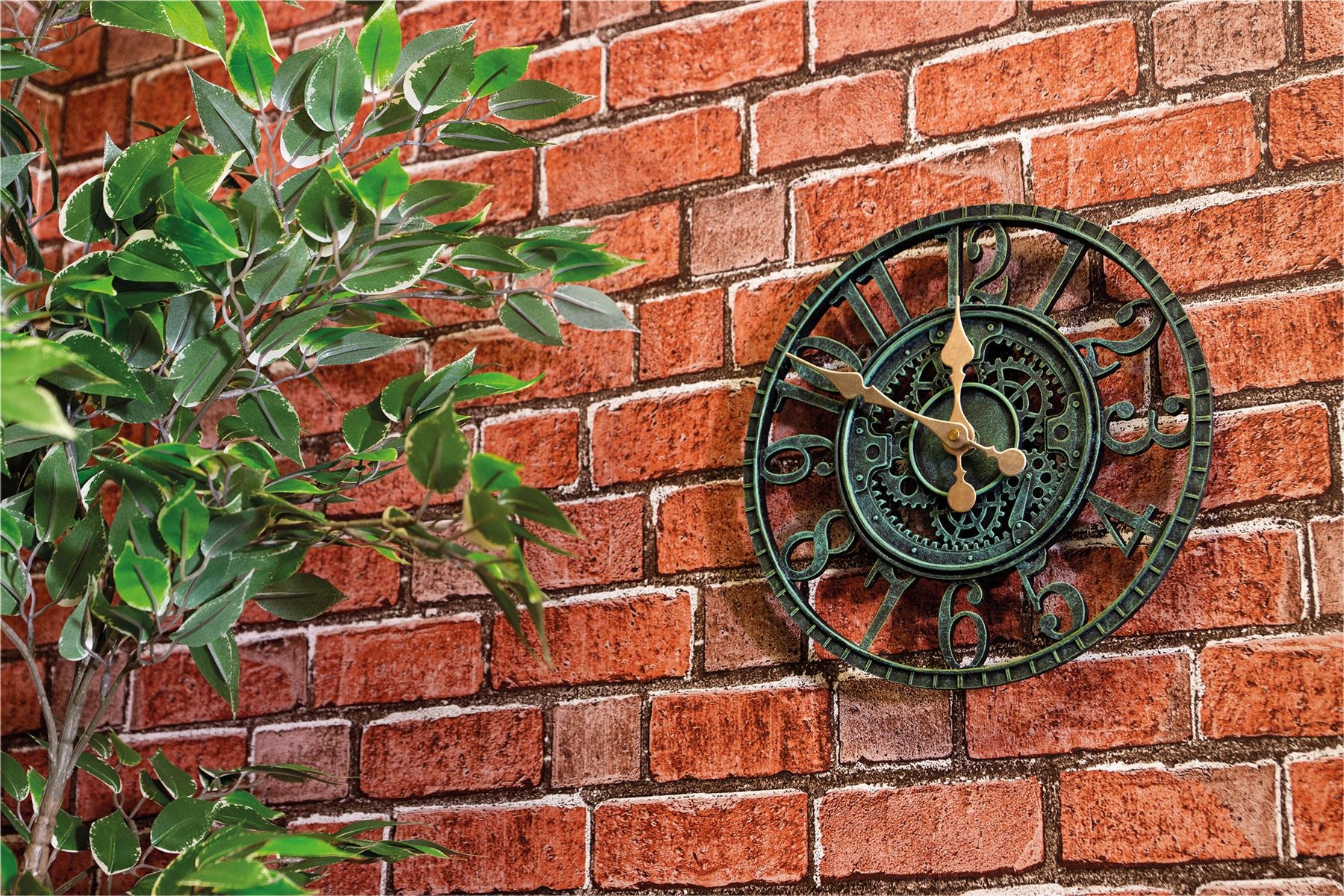 Vintage 30cm Outdoor Wall Clock with Open Face Industrial Cog and Wheel Gear Design for Garden - Green
