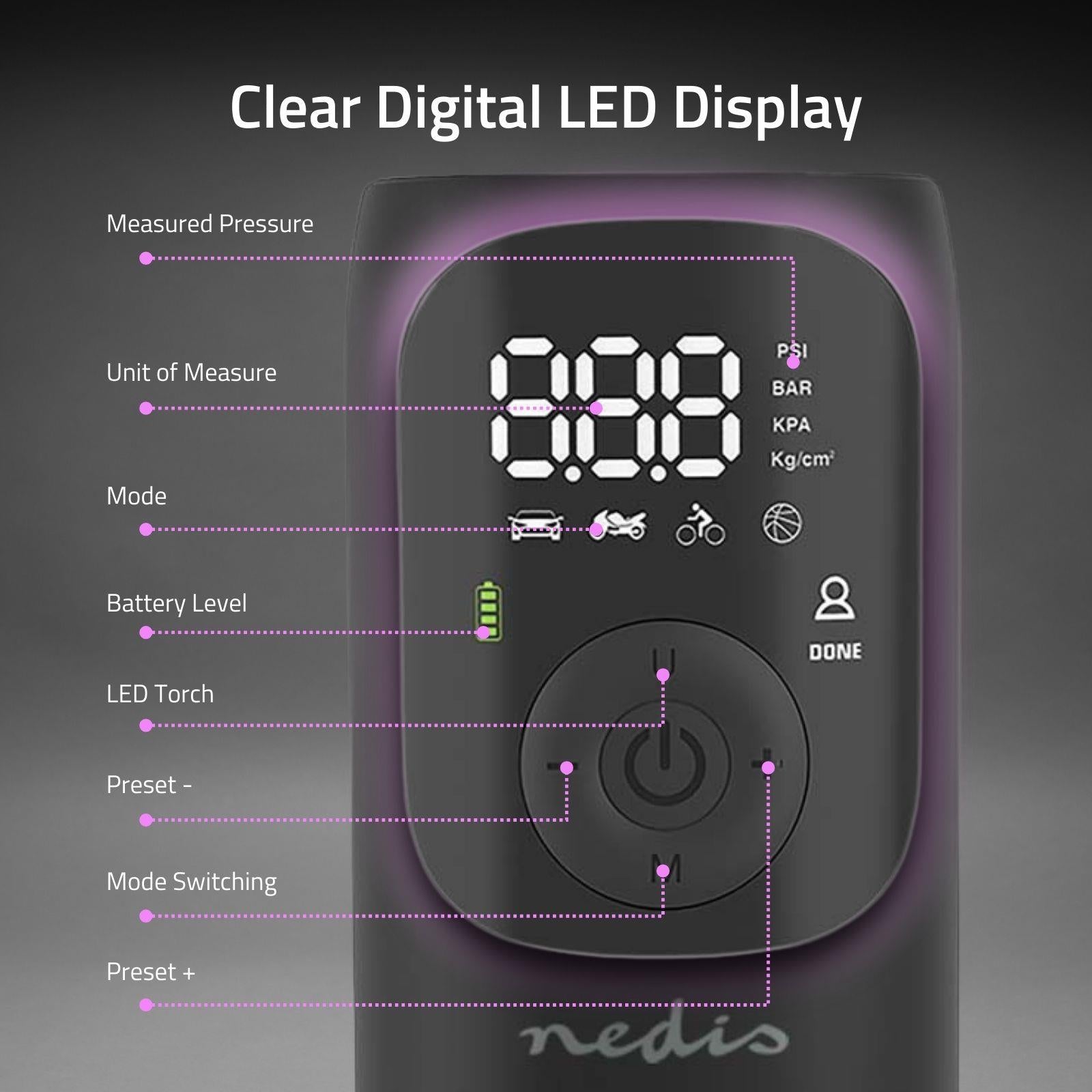 Nedis Portable Tyre Inflator, Rechargeable Air Compressor with Digital Display, LED Torch, 150 PSI Max Pressure, USB-C Charging, for Car, Bike, Motorcycle, Footballs, Inflatables & More