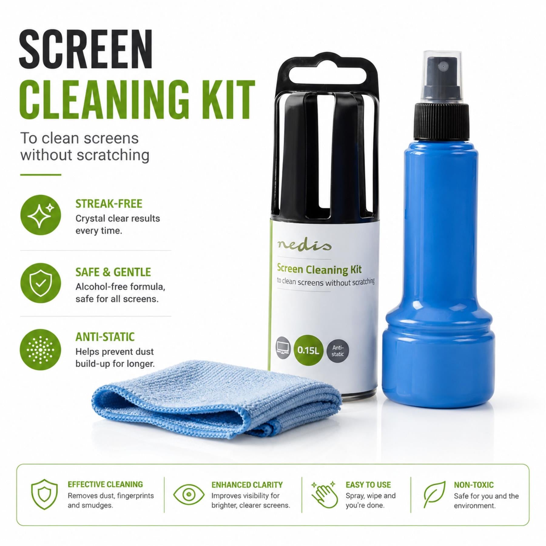Nedis Screen Cleaner Kit for LCD, LED & Plasma TV, PC, Phone & Tablet, 150 ml Spray & Cloth
