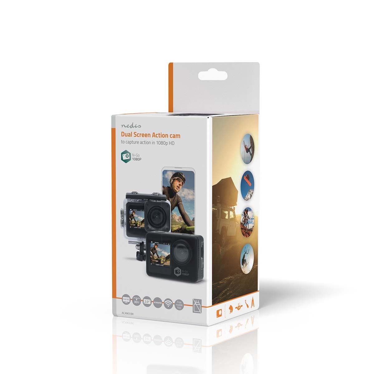 Nedis Dual Screen Wi-Fi Action Cam, 1080p 30fps HD Video, 12MP Photos, 2" TFT Back Screen 1.3" Front Screen, Waterproof 30m, Burst Mode, Loop Recording