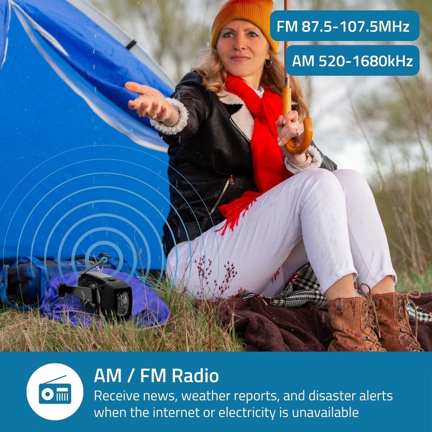 Nedis Portable Emergency AM/FM Wind Up Radio, with Solar Panel & Hand Crank, LED Torch, SOS Light and Rechargeable 2000mAh USB Powerbank - Black