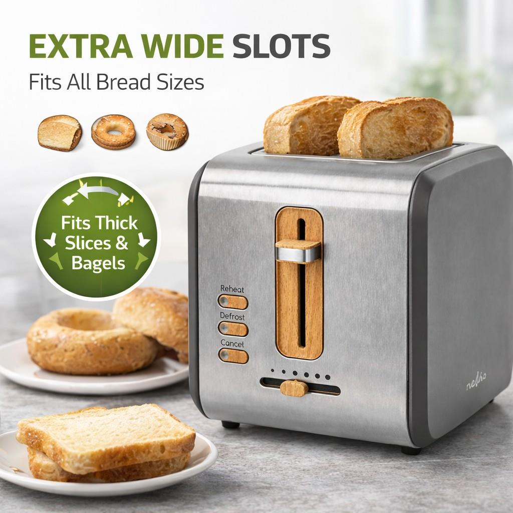 Nedis Soft Touch Toaster with 2 Wide Slots for Toast, Bagels or Muffins, 6 Toasting Settings, Reheat, Defrost and Cancel Functions, Grey
