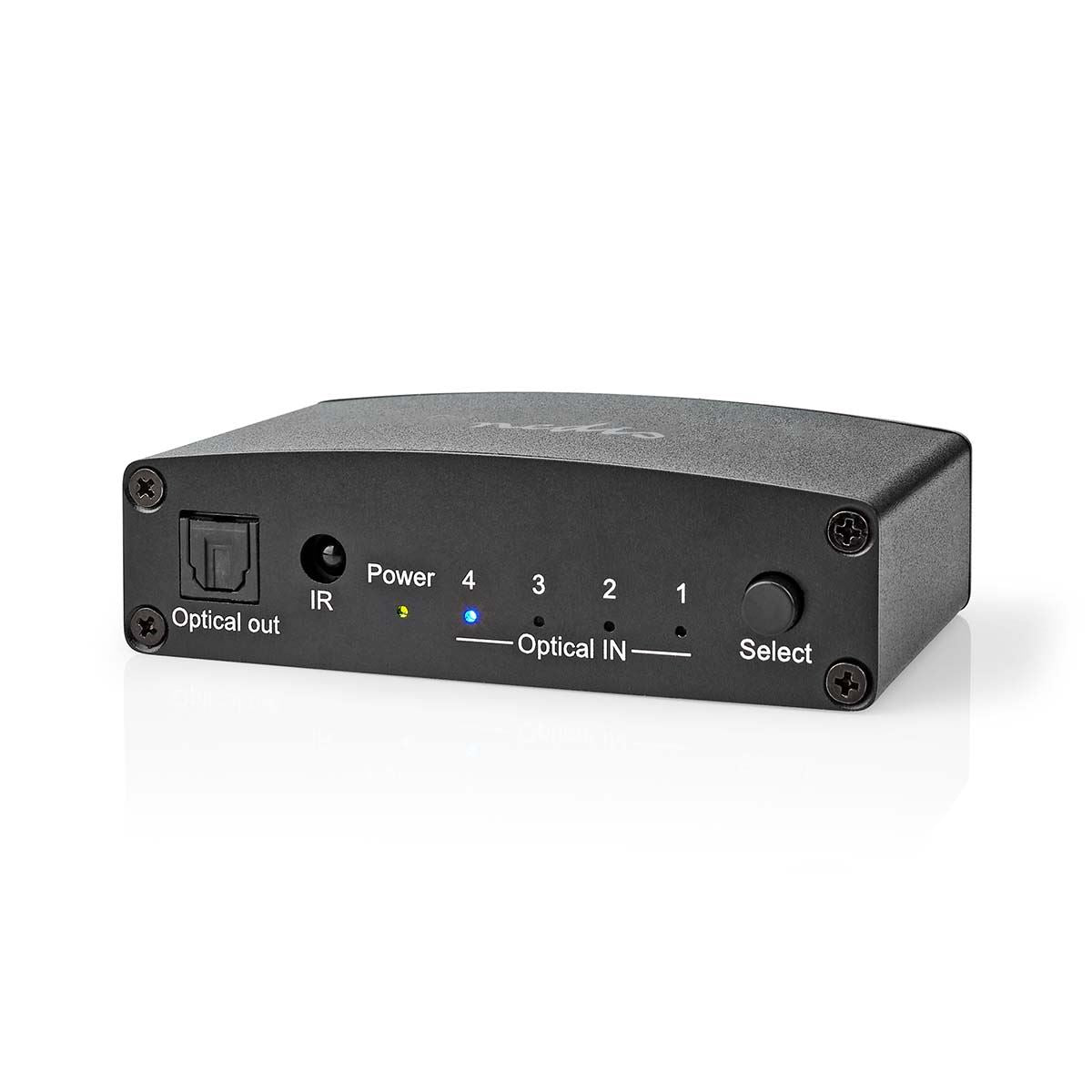 Nedis Digital Audio Switch | 4-way | Connection input: DC Power / 4x TosLink to Connection output: TosLink Female | Manual / Push Button / Remote Control | Metal | Black