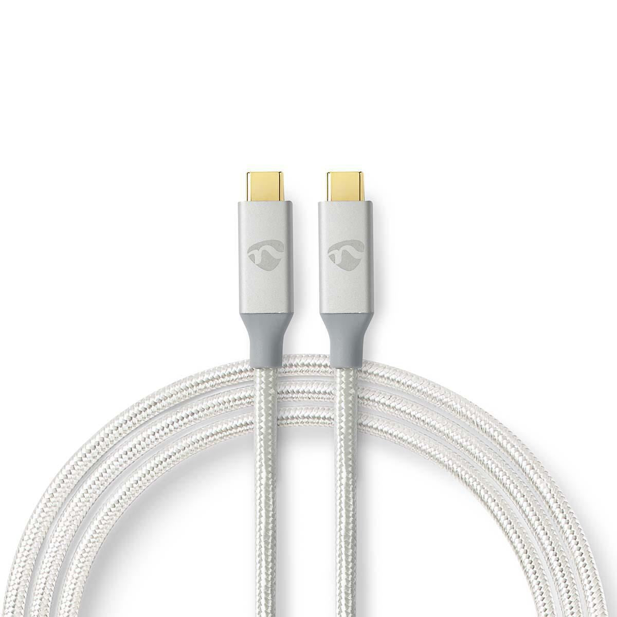 Nedis USB Cable | USB 3.2 Gen 2x2 | USB-C™ Male | USB-C™ Male | 100 W | 4K@60Hz | 20 Gbps | Gold Plated | 2.00 m | Round | Braided / Nylon | Silver | Cover Window Box