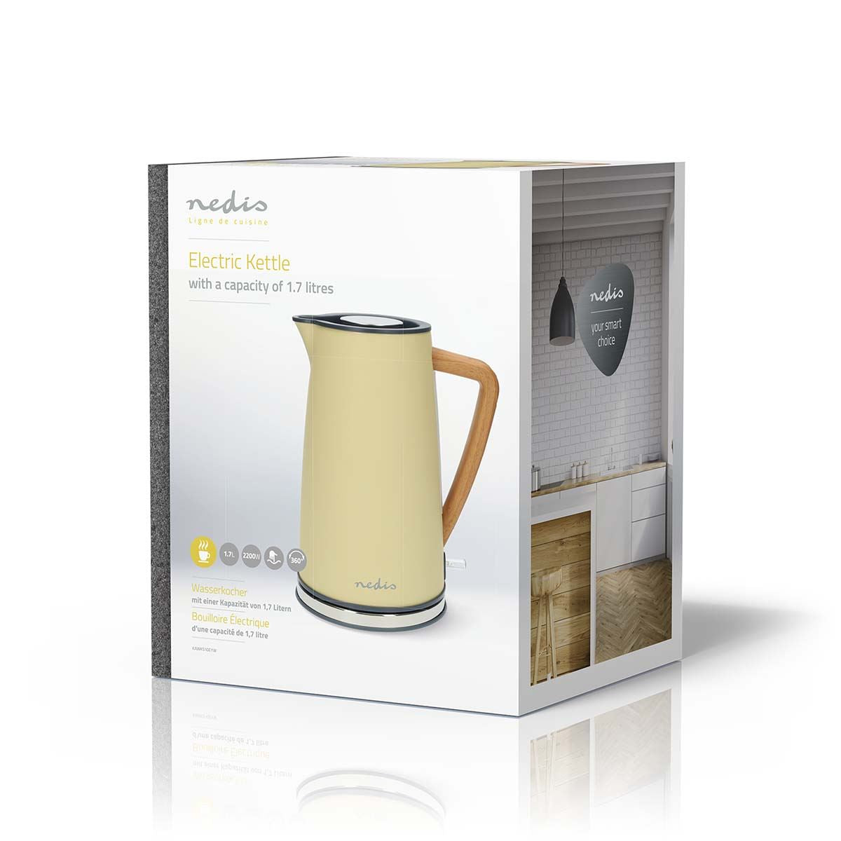 Nedis 1.7L Soft Touch Jug Kettle with Wood Effect Handle, Overheat Protection, Removeable Filter, 2.2KW - Yellow