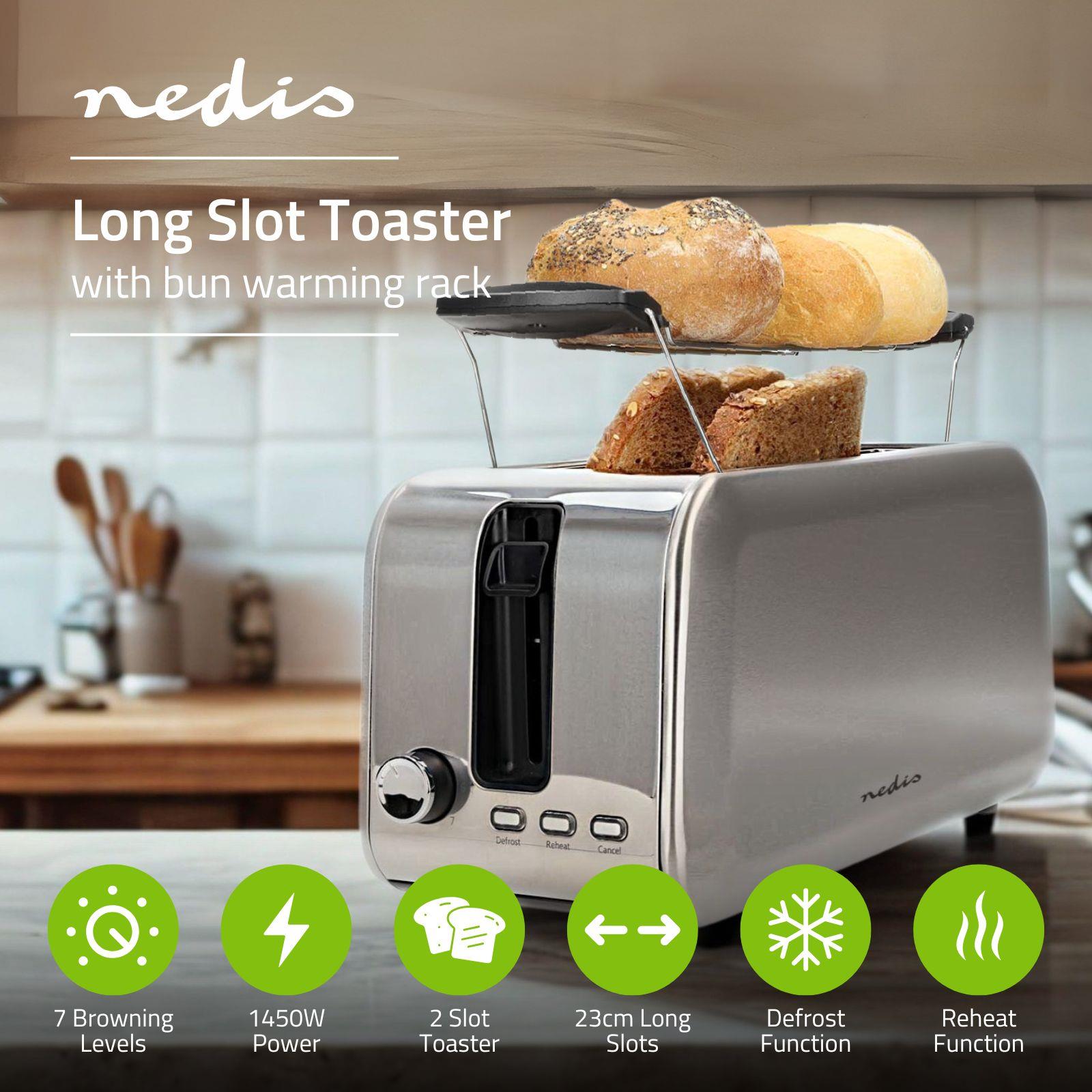 Nedis 2 Slice Toaster with Extra Long Slots, Bun Warming Rack, 7 Browning Settings, Defrost, Reheat and Cancel, 1450W