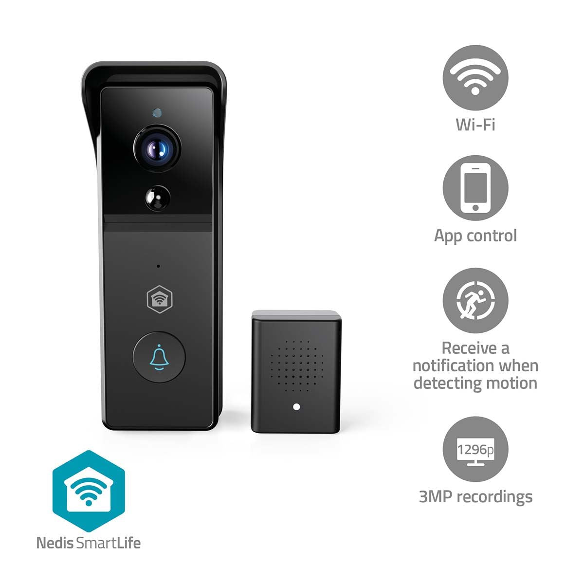 Nedis SmartLife Wireless Video Doorbell WiFi Camera, Battery Powered | 3MP Full HD 1296p | Cloud Storage (optional) / microSD (not included) | IP44 | With motion sensor | Night vision | Black