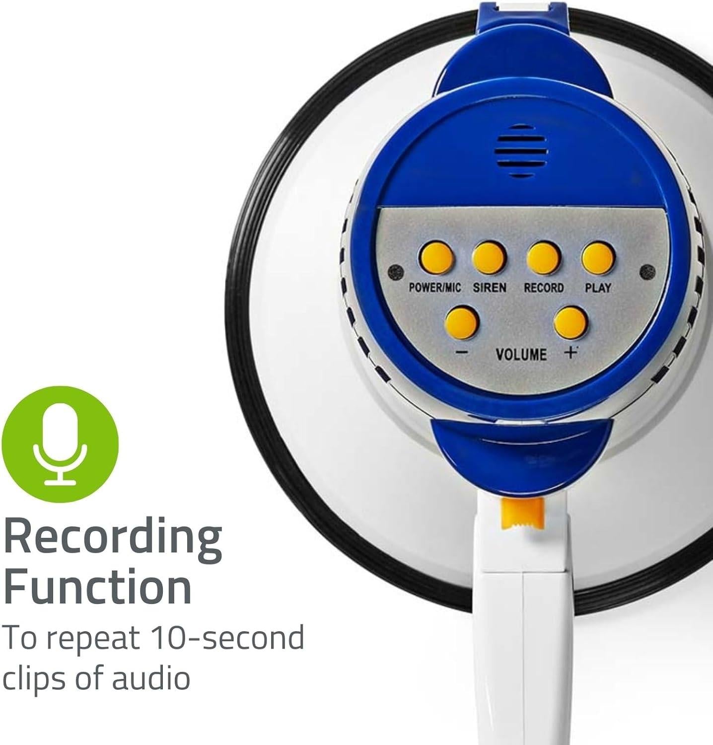 Nedis 10W Megaphone, 250m Range with Built-in Microphone, Siren, Adjustable Volume, Record Function - White & Blue
