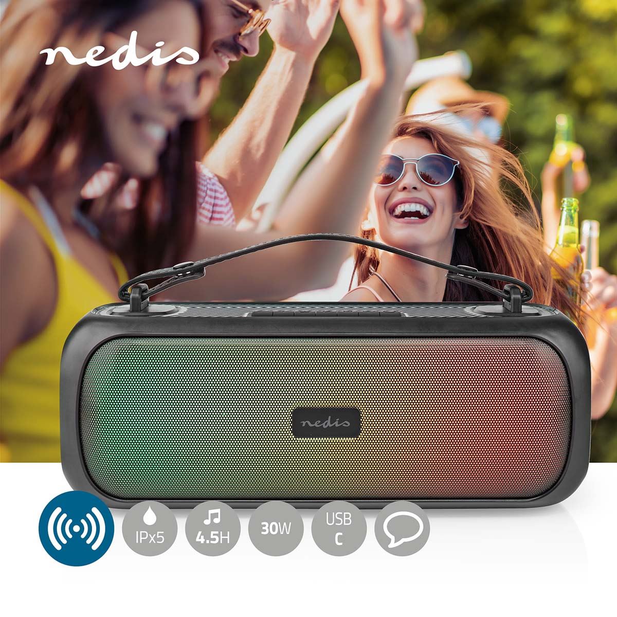 Nedis Bluetooth Party Base Portable Boombox, 45W, Rechargable 4.5hr Playback, USB AUX, IPX5 Water-Resistant, Party RGB Lights, Black