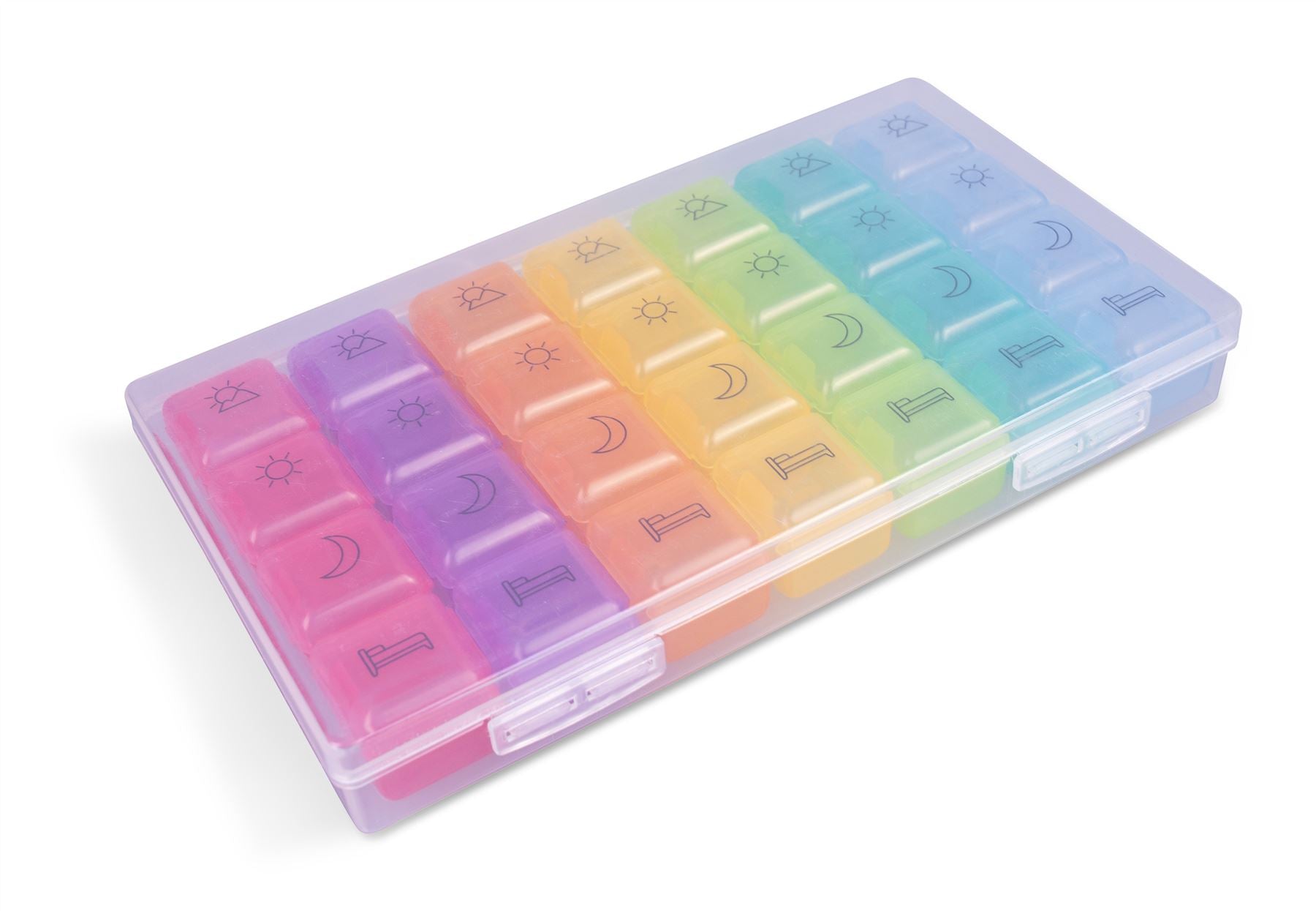 7 Day Weekly Pill Box with 4 Compartments per Day.Supplied in a Clear Clip Shut Case,