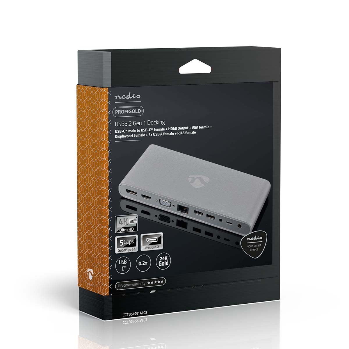 Nedis USB Docking Station | USB 3.2 Gen 1 | USB-C™ Male | DisplayPort Female / HDMI™ Output / RJ45 Female / VGA Female / 2x 3.5 mm Female / 2x USB-C™ / 4x USB-A | 0.20 m | Round | Nickel Plated | Braided / Nylon | White | Window Box with Euro Lock