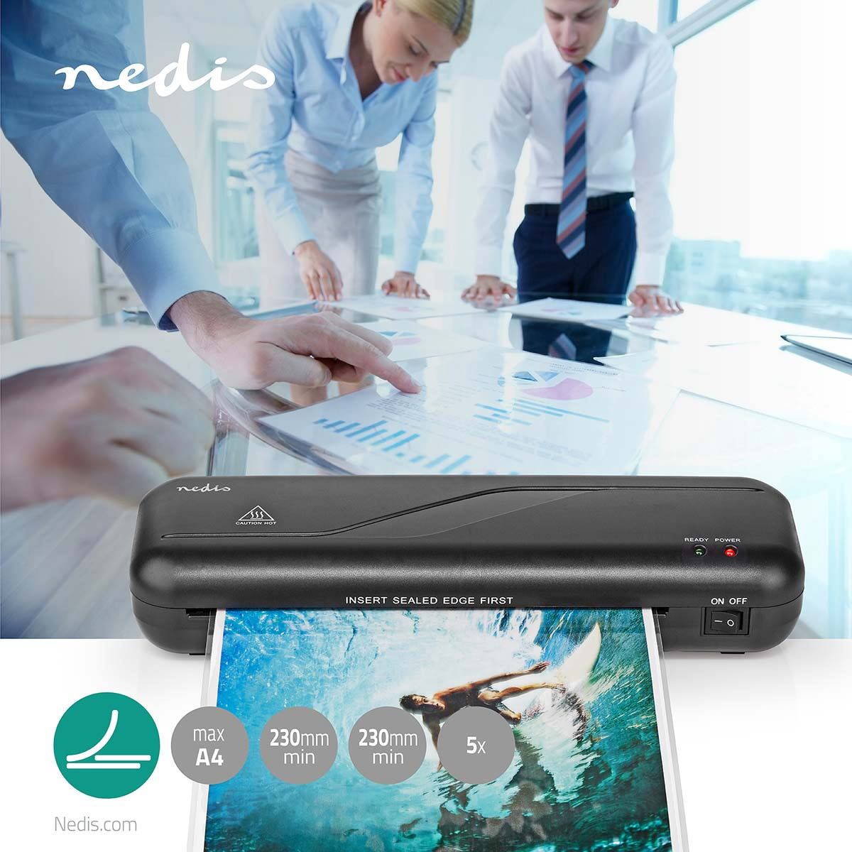 Nedis Laminator | Hot | A4 | 230 mm/min | Auto switch off | Mains Powered | Black