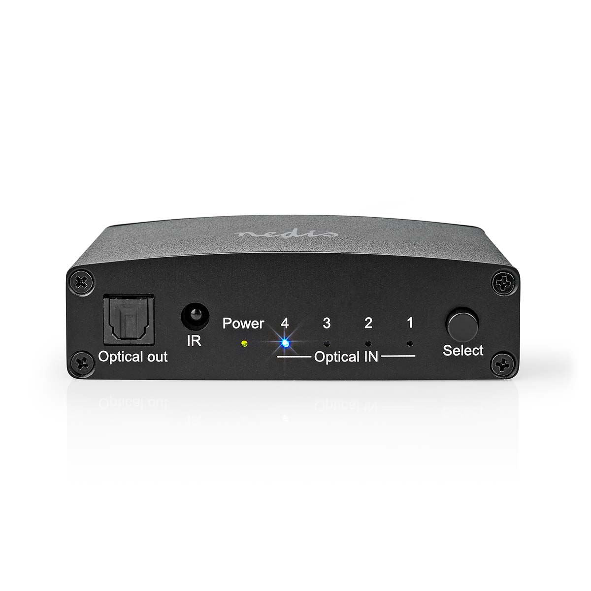 Nedis Digital Audio Switch | 4-way | Connection input: DC Power / 4x TosLink to Connection output: TosLink Female | Manual / Push Button / Remote Control | Metal | Black