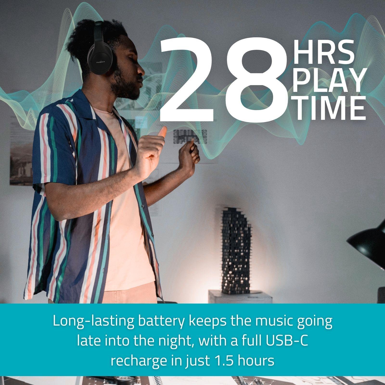 Nedis Smart Bluetooth Over-Ear Headphones, Hybrid ANC & ENC Noise Cancelling, 28h Playtime, USB-C, Mic, EQ Modes, App & Voice Control, Foldable - Black