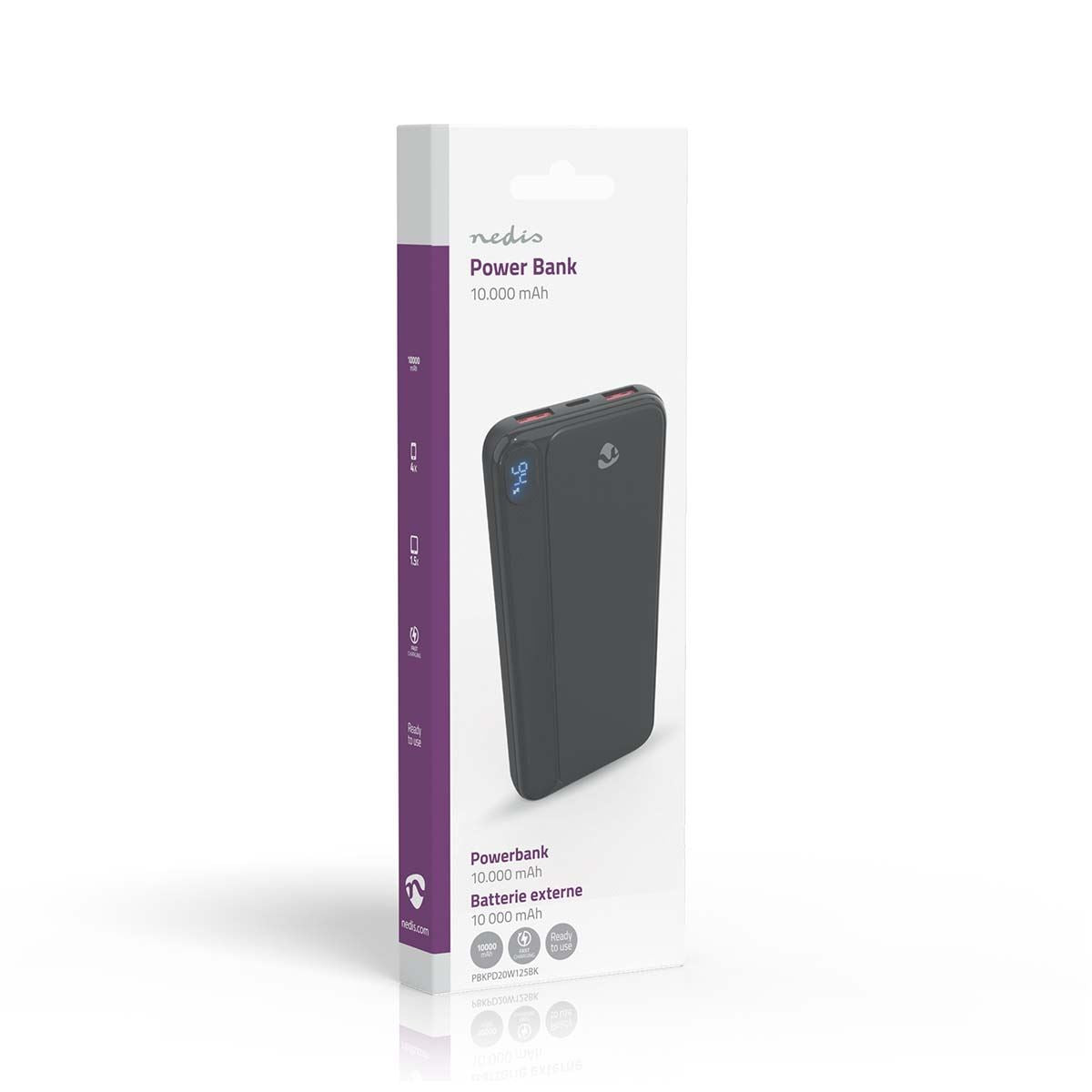 Nedis Powerbank | 10000 mAh | 1.5 / 1.67 / 2.0 / 2.22 / 3.0 A | 3 Outputs 1x USB-C™ / 2x USB-A | Input 1x USB-C™ | PD3.0 20W | Lithium-Polymer | LED Display