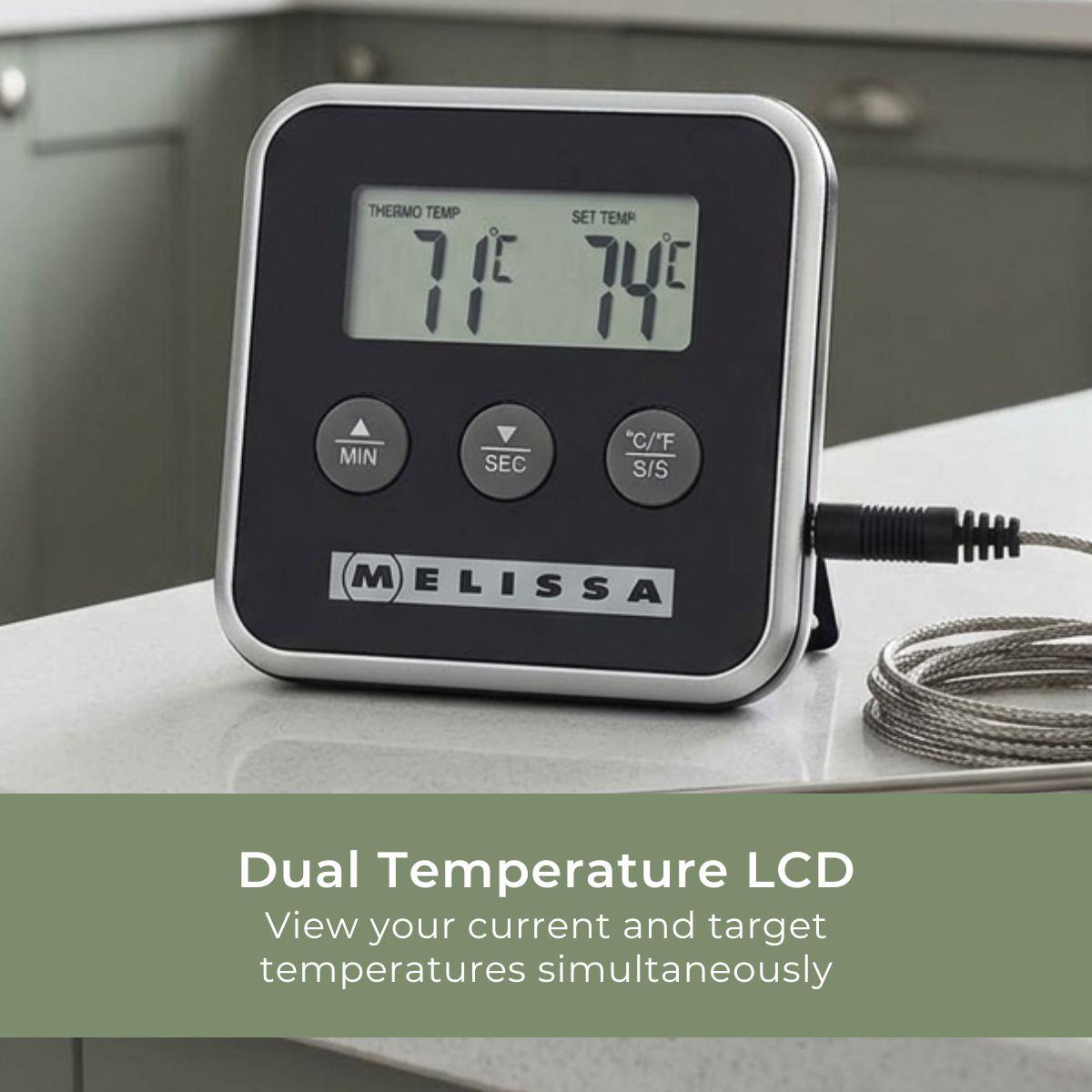 Melissa Leave-in Digital Food, Meat, Baking Thermometer Temperature Probe Cooking Kitchen BBQ, with Alarm, Timer - Black