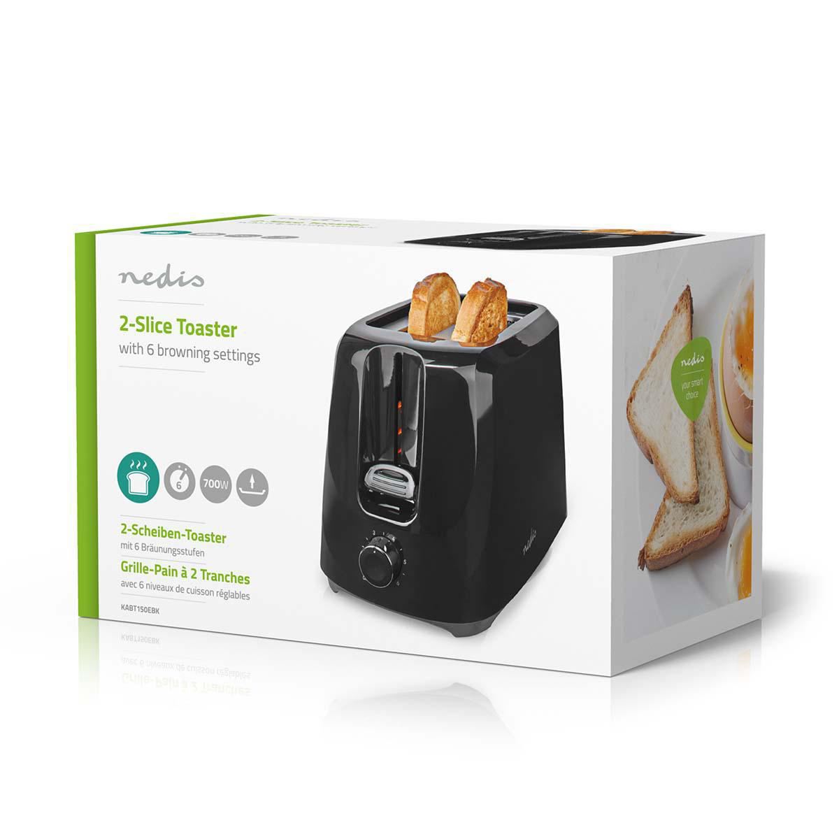 Nedis 2 Slice Bread Toaster 6 Browning Levels 600W Wide Slots Led Indicator