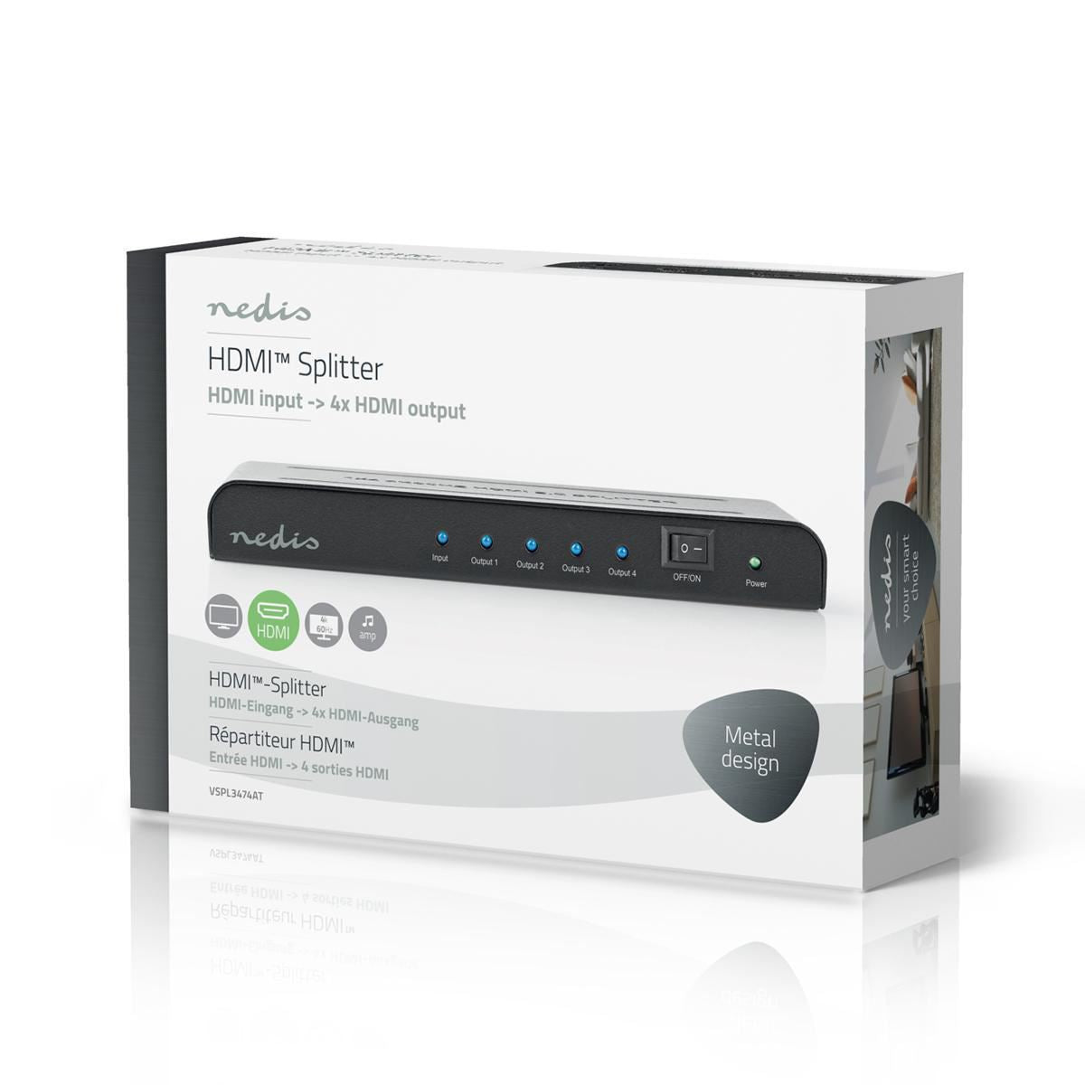 Nedis HDMI™ Splitter | 4 port(s) | HDMI™ Input | 4x HDMI™ Output | 4K@60Hz | 18 Gbps | Metal | Anthracite