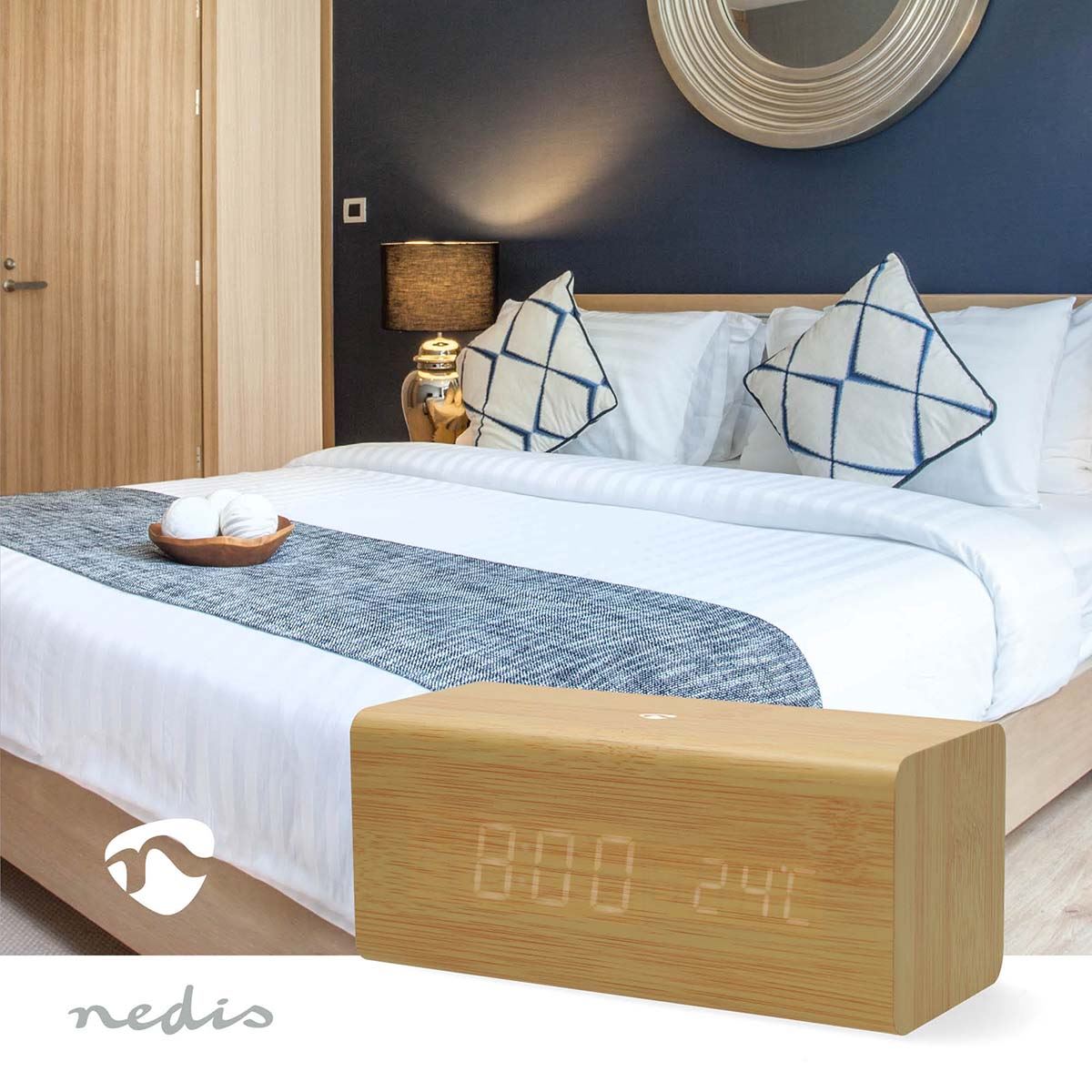 Nedis Scandi Digital Alarm FM Clock Radio | Thermometer | LED | USB-C™ Powered |Snooze function | Sleep timer | 2 Alarms | Wood