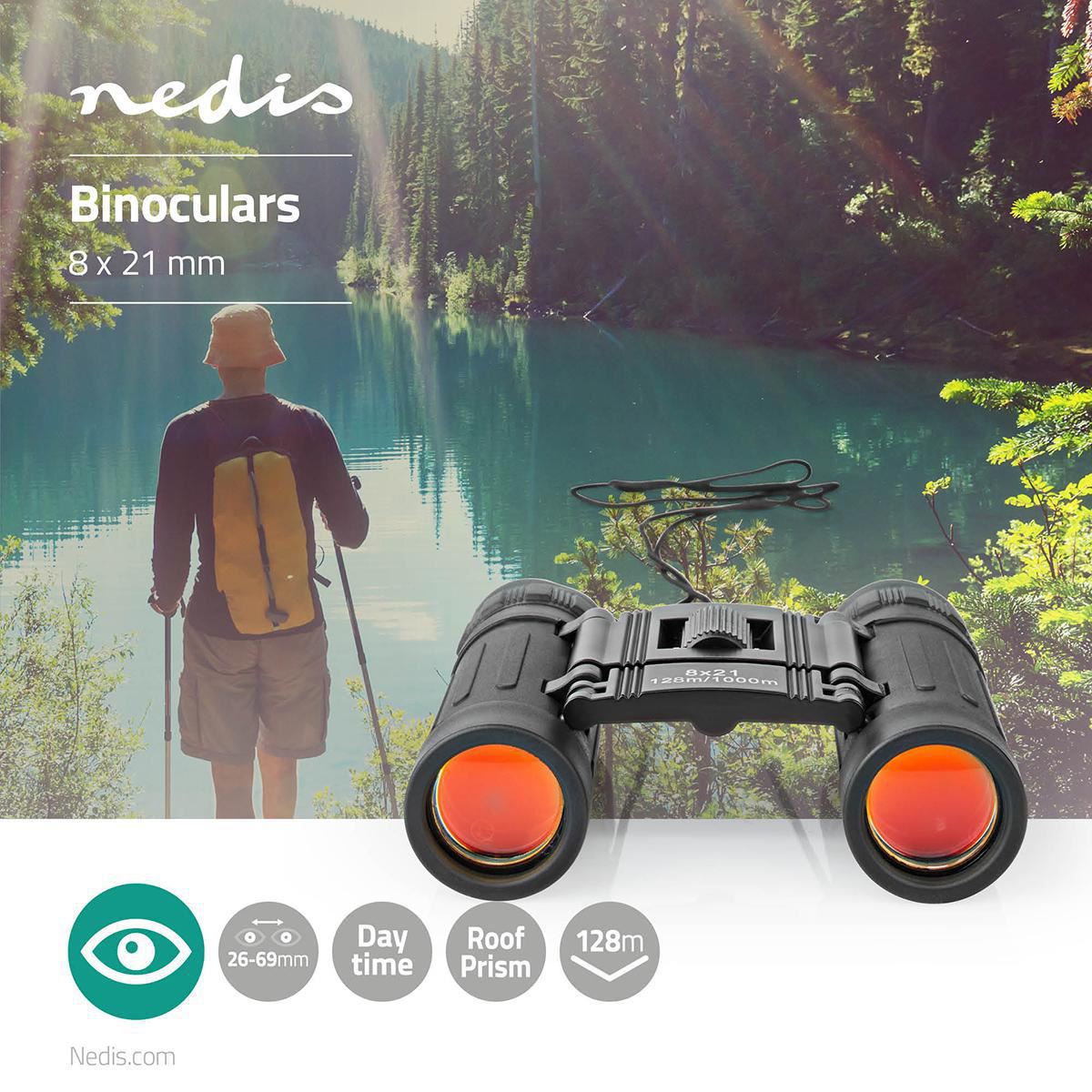 Nedis 8x21 Compact Roof Prism Binoculars, Lightweight Portable HD Lens, Rubber Grip, Dioptric Correction, Ideal For Bird Watching, Hiking, Travel, Sightseeing - Black