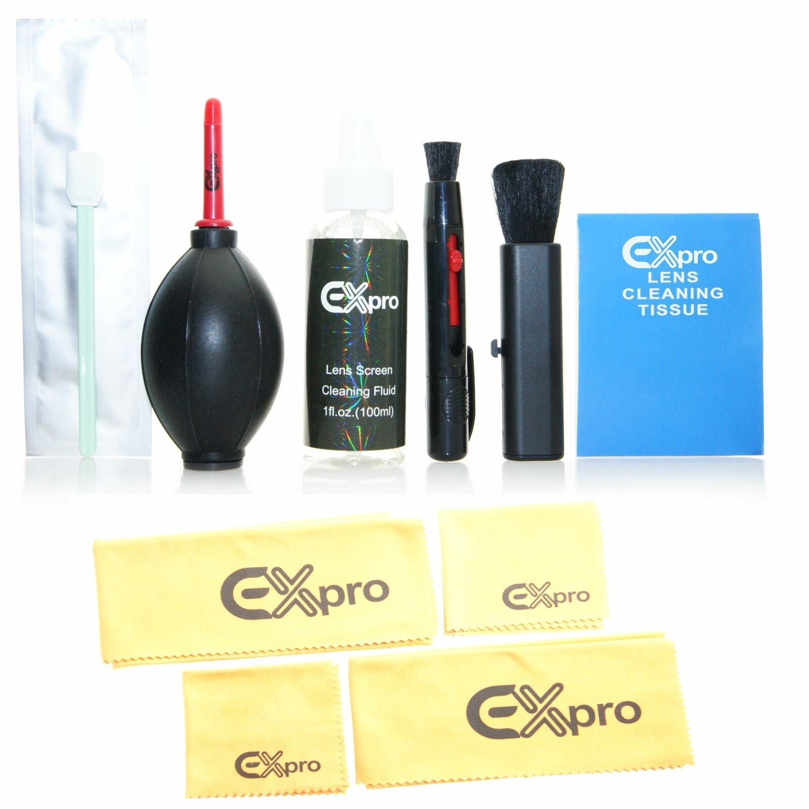 Ex-Pro Lens & Camera Advanced Cleaning Kit for DSLR Cameras (Lens Brush,Air Blower,Cloths,Tissues,Pen,Fluid,CMOS CCD Swabs).