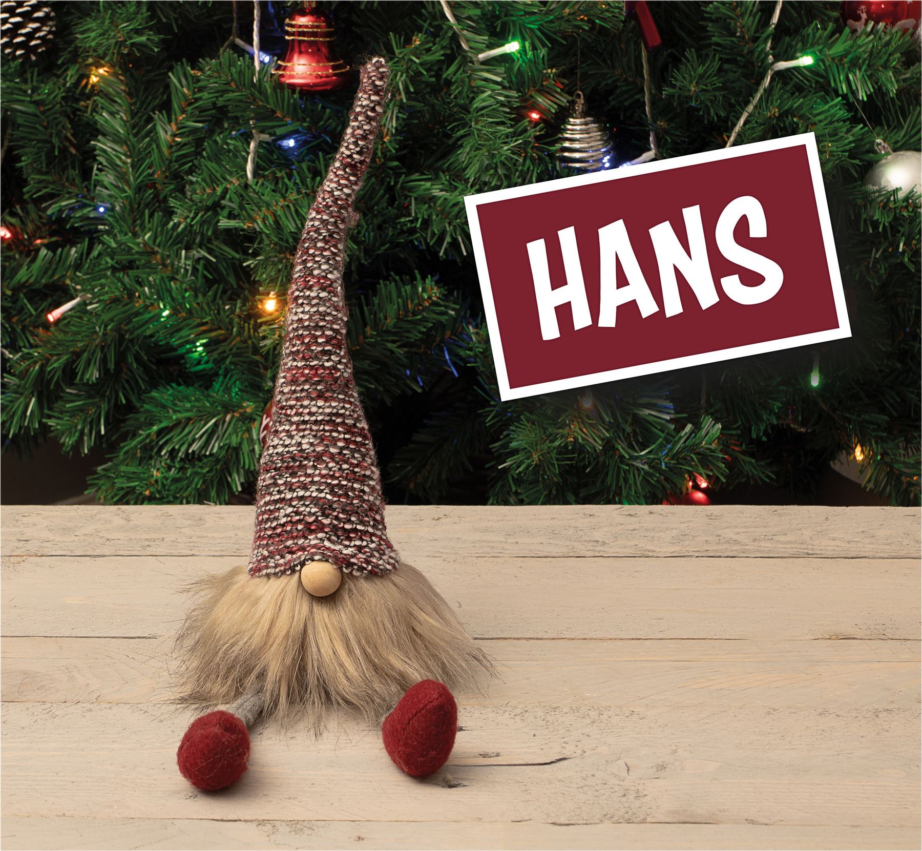 Knitted "Hans" Christmas Sitting Gonk Decoration Nordic Gnome Elf Festive Ornament with Wooden Nose - Red Check