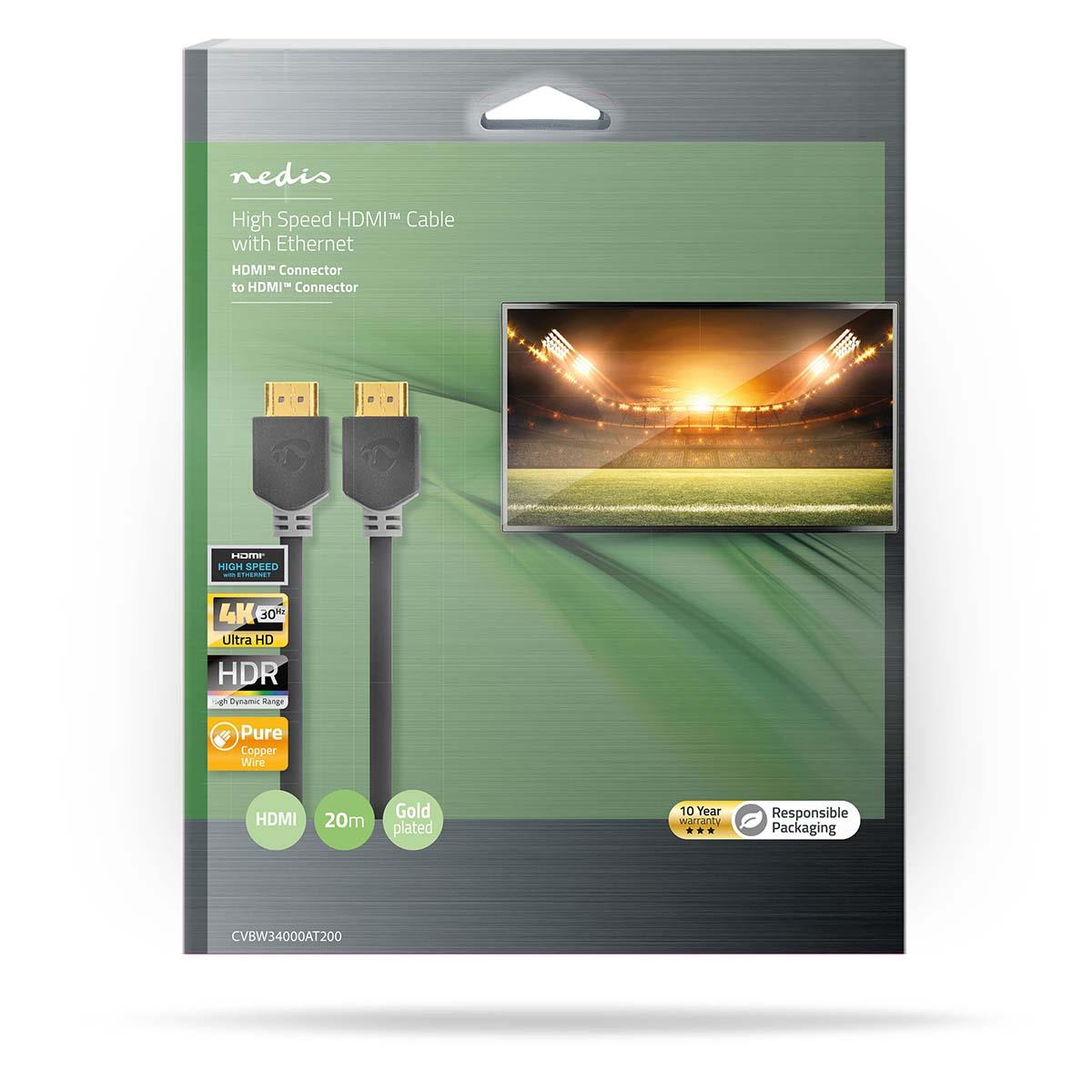 Nedis High Speed HDMI™ Cable with Ethernet | HDMI™ Connector | HDMI™ Connector | 4K@30Hz | ARC | 10.2 Gbps | 20.0 m | Round | PVC | Anthracite | Box