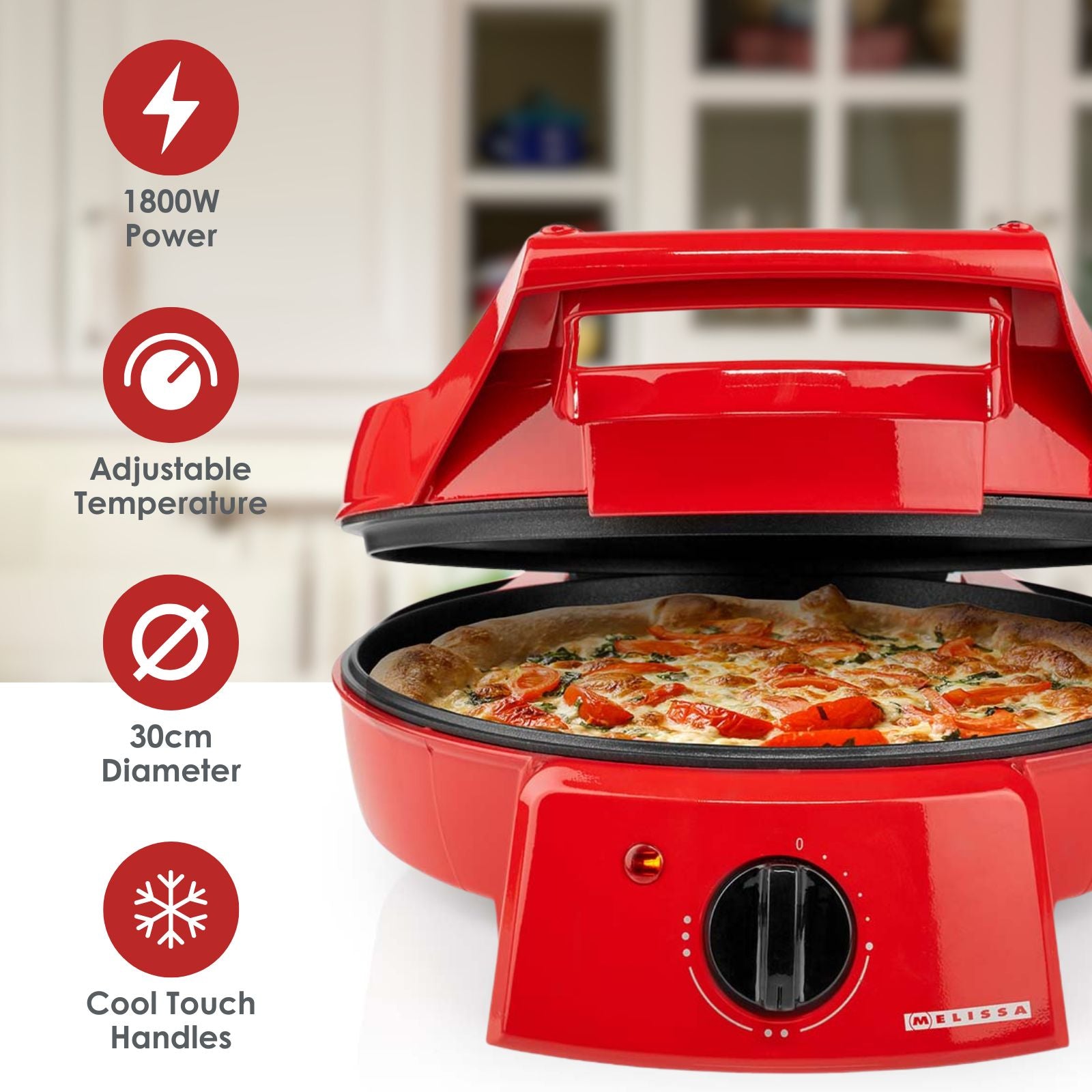 MELISSA 12" Electric Pizza Maker & Table Top Grill, Indoor Portable Pizza Oven with Non-Stick 12" Plates, 3 Heat Settings Max 230°C - Retro Red