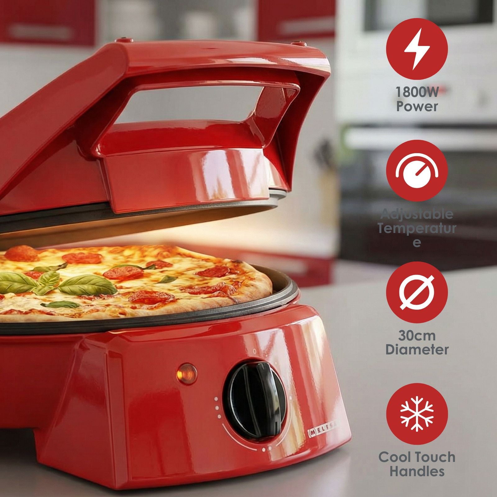 MELISSA 12" Electric Pizza Maker & Table Top Grill, Indoor Portable Pizza Oven with Non-Stick 12" Plates, 3 Heat Settings Max 230°C - Retro Red