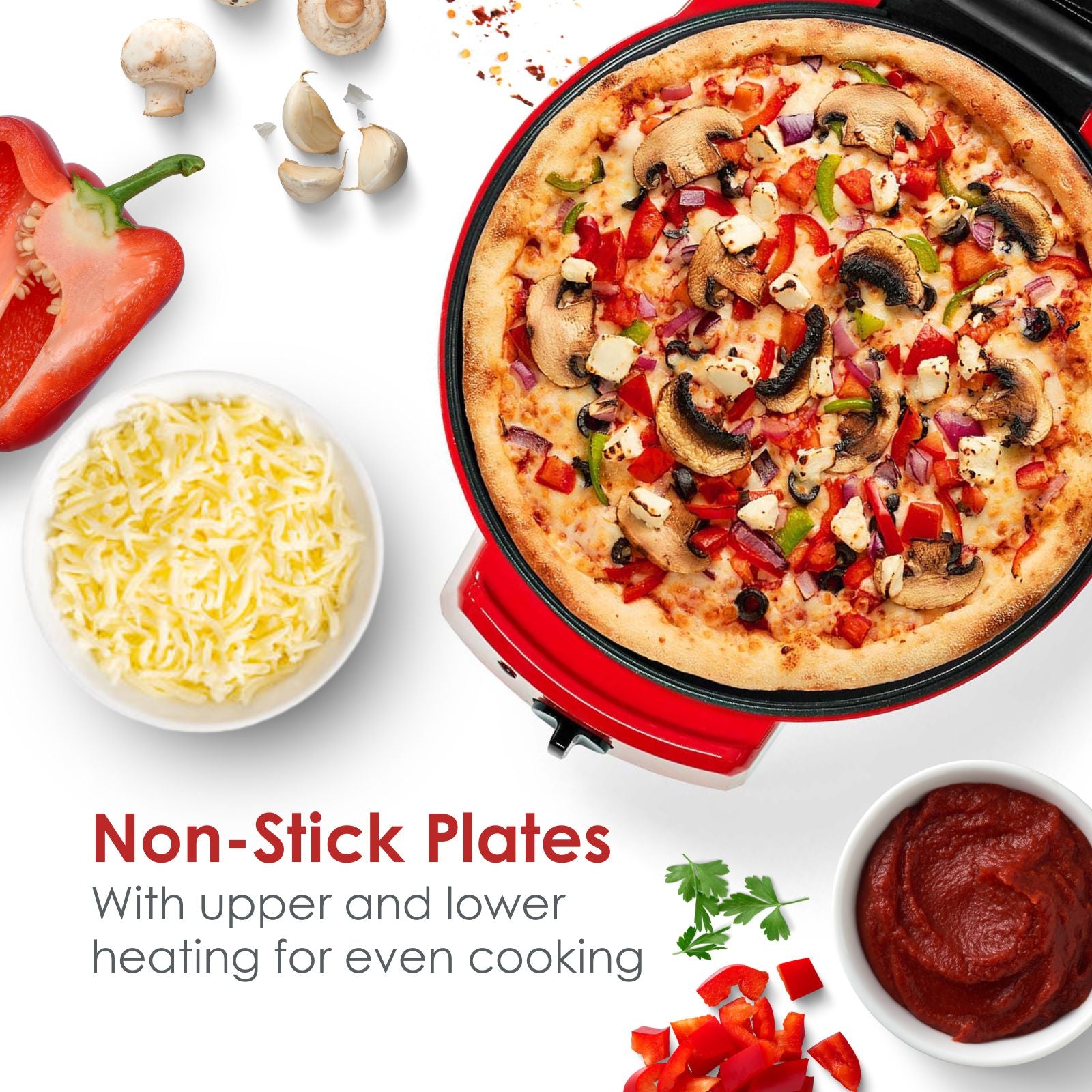MELISSA 12" Electric Pizza Maker & Table Top Grill, Indoor Portable Pizza Oven with Non-Stick 12" Plates, 3 Heat Settings Max 230°C - Retro Red