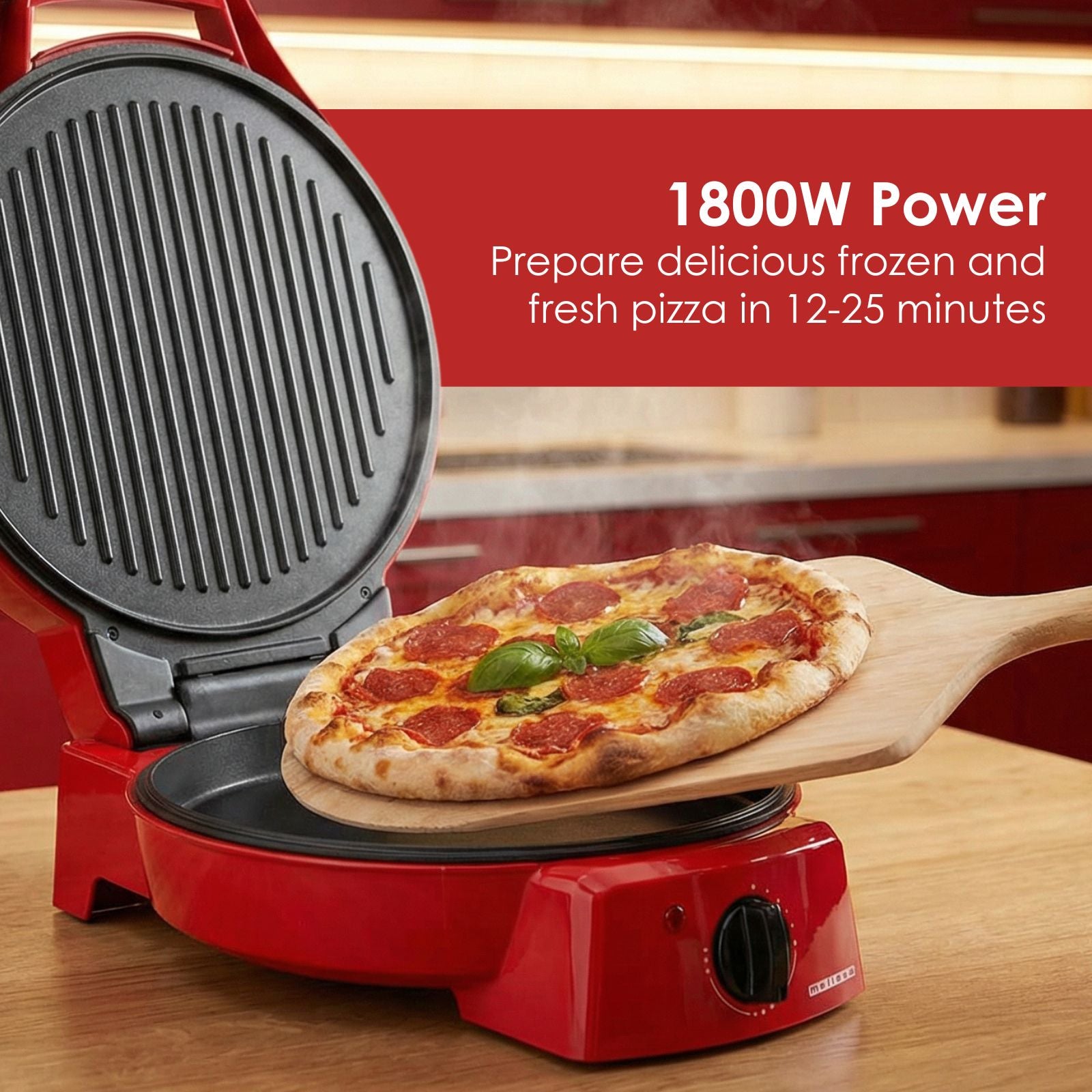 MELISSA 12" Electric Pizza Maker & Table Top Grill, Indoor Portable Pizza Oven with Non-Stick 12" Plates, 3 Heat Settings Max 230°C - Retro Red