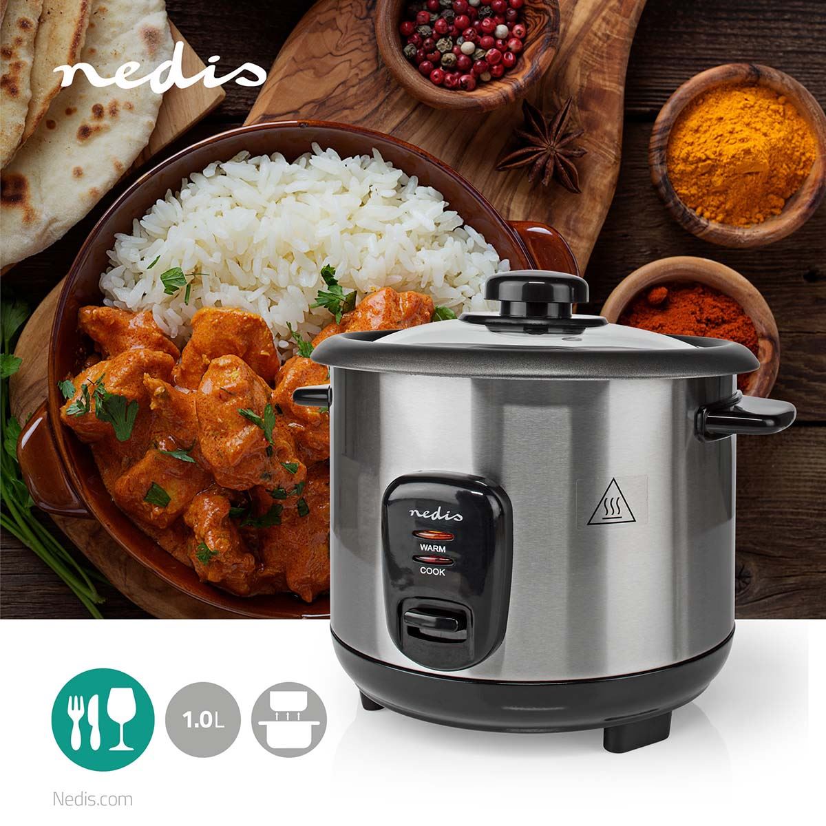 Nedis Rice Cooker, 1L, 400W, Cooks Up to 3 Portions, Non-Stick Removable Bowl, Auto Shut-Off & Keep Warm Function, Easy Meals, Stainless Steel � Silver
