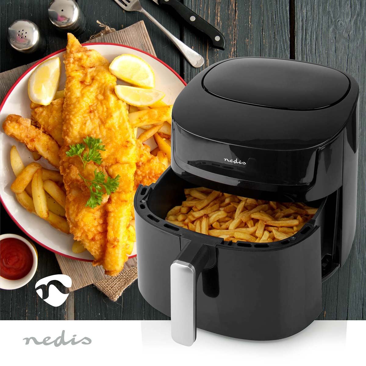 Nedis 7.2L Hot Air Fryer XXL for Healthy Low Fat Cooking, with Adjustable Temperature, Digital Display Control, 8 Presets and 60 Minute Timer, 1800W - Black