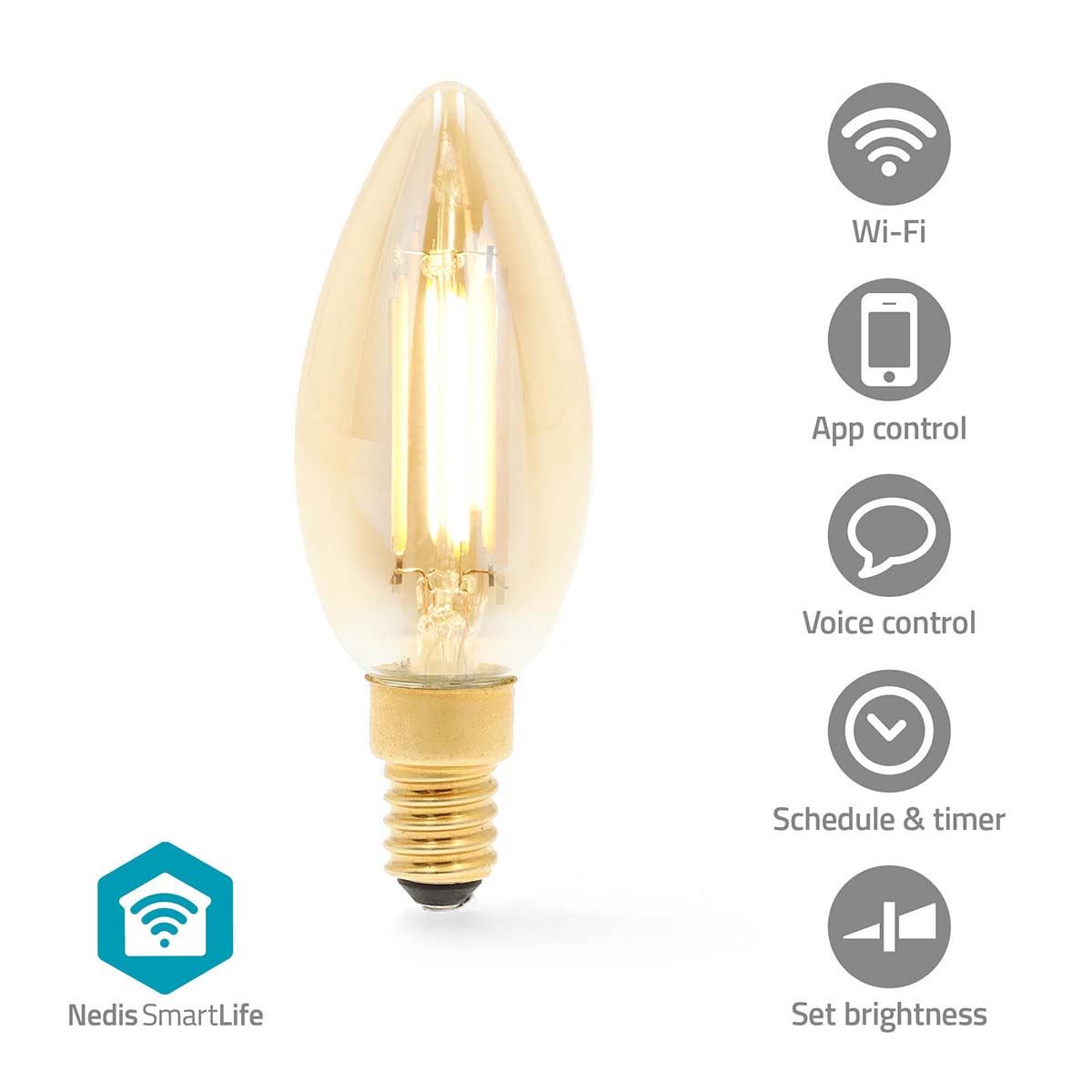 Nedis SmartLife LED Filament Bulb | E14 | 470 lm | 4.9 W | Warm White | 1800 - 3000 K | Glass | Android™ / IOS | Candle | 1 pcs